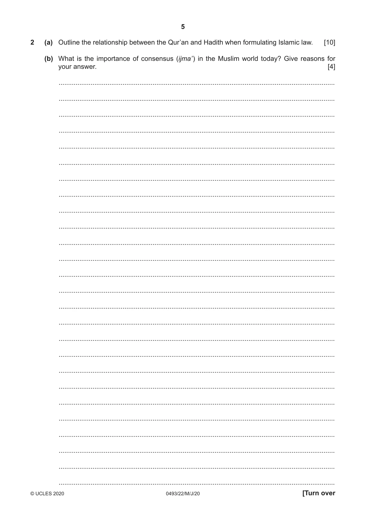 Cambridge IGCSE Islamiyat 0493 2020 May/June Paper 2 · Variant 2 question paper, page 5 of 16