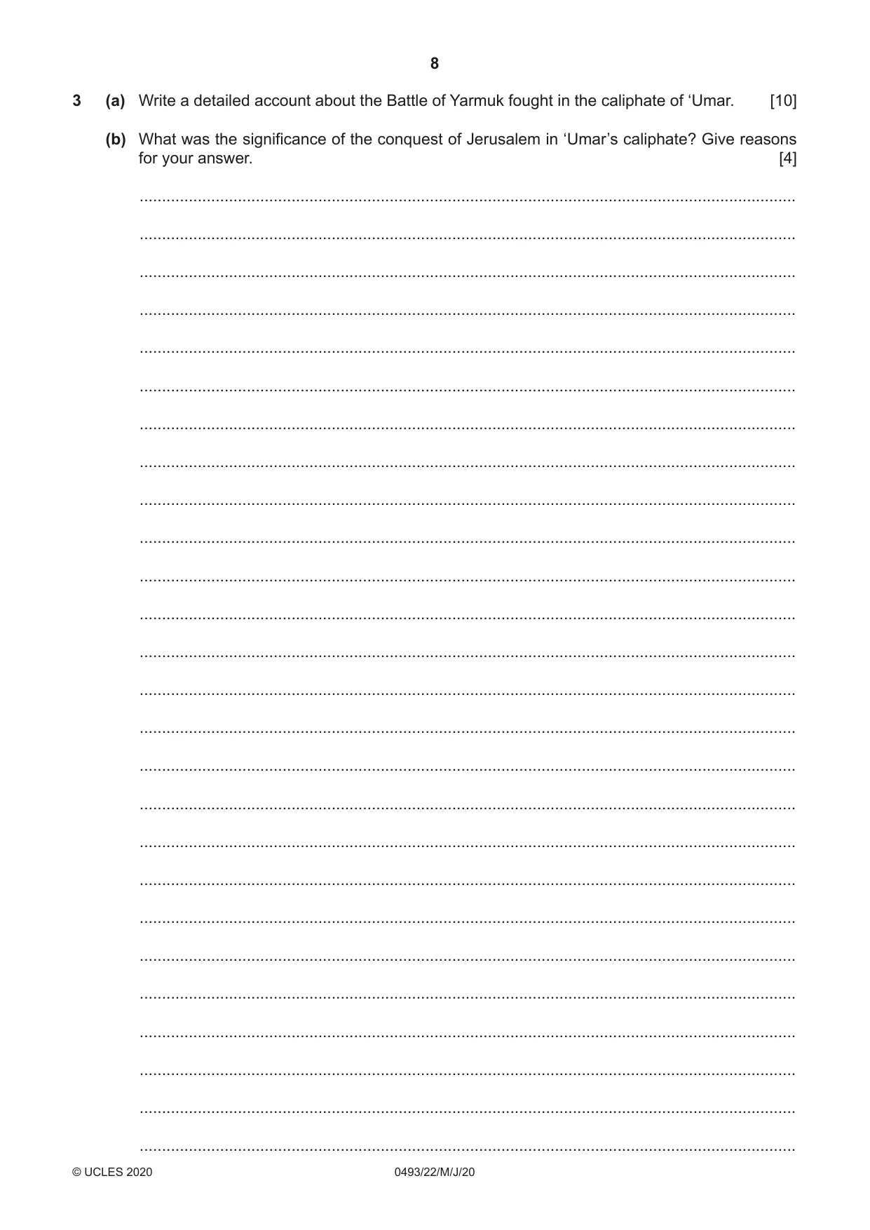 Cambridge IGCSE Islamiyat 0493 2020 May/June Paper 2 · Variant 2 question paper, page 8 of 16