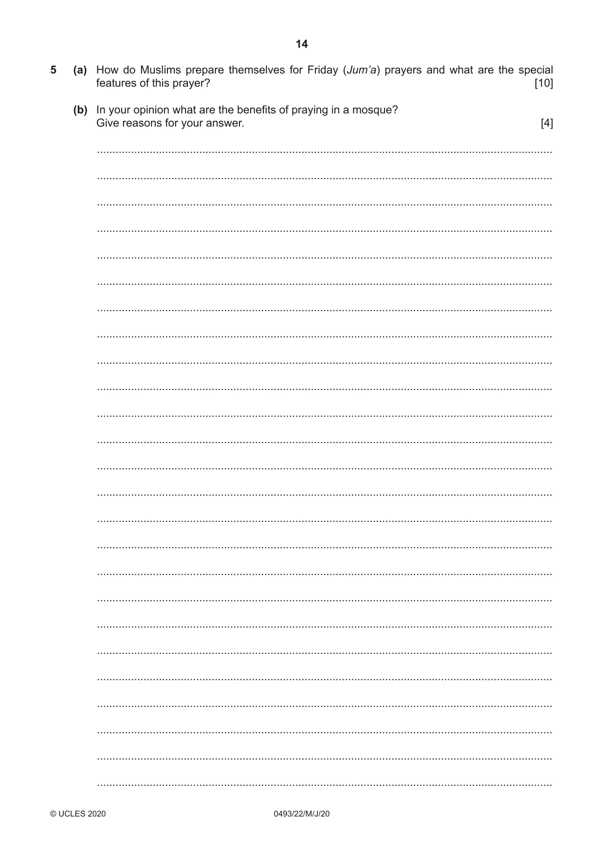 Cambridge IGCSE Islamiyat 0493 2020 May/June Paper 2 · Variant 2 question paper, page 14 of 16