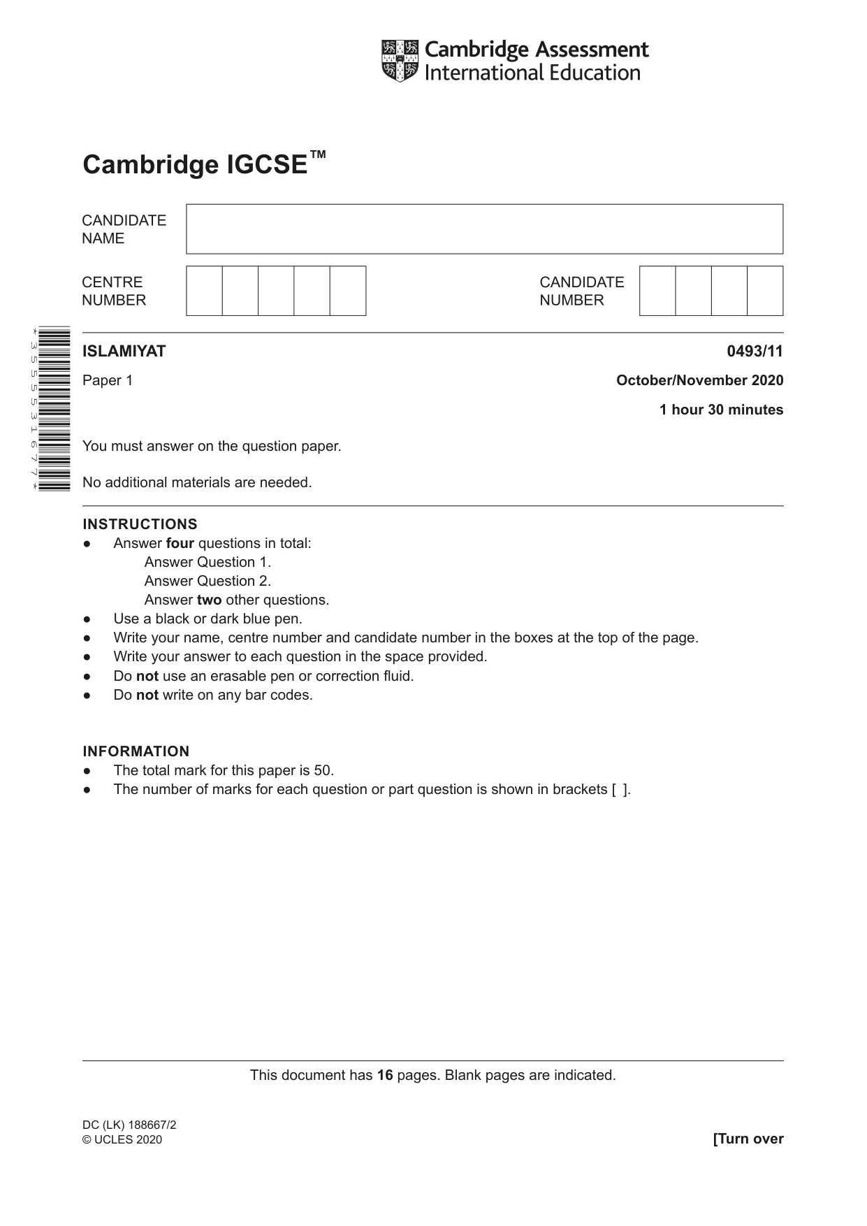 Cambridge IGCSE Islamiyat 0493 2020 Oct/Nov Paper 1 · Variant 1 question paper, page 1 of 16
