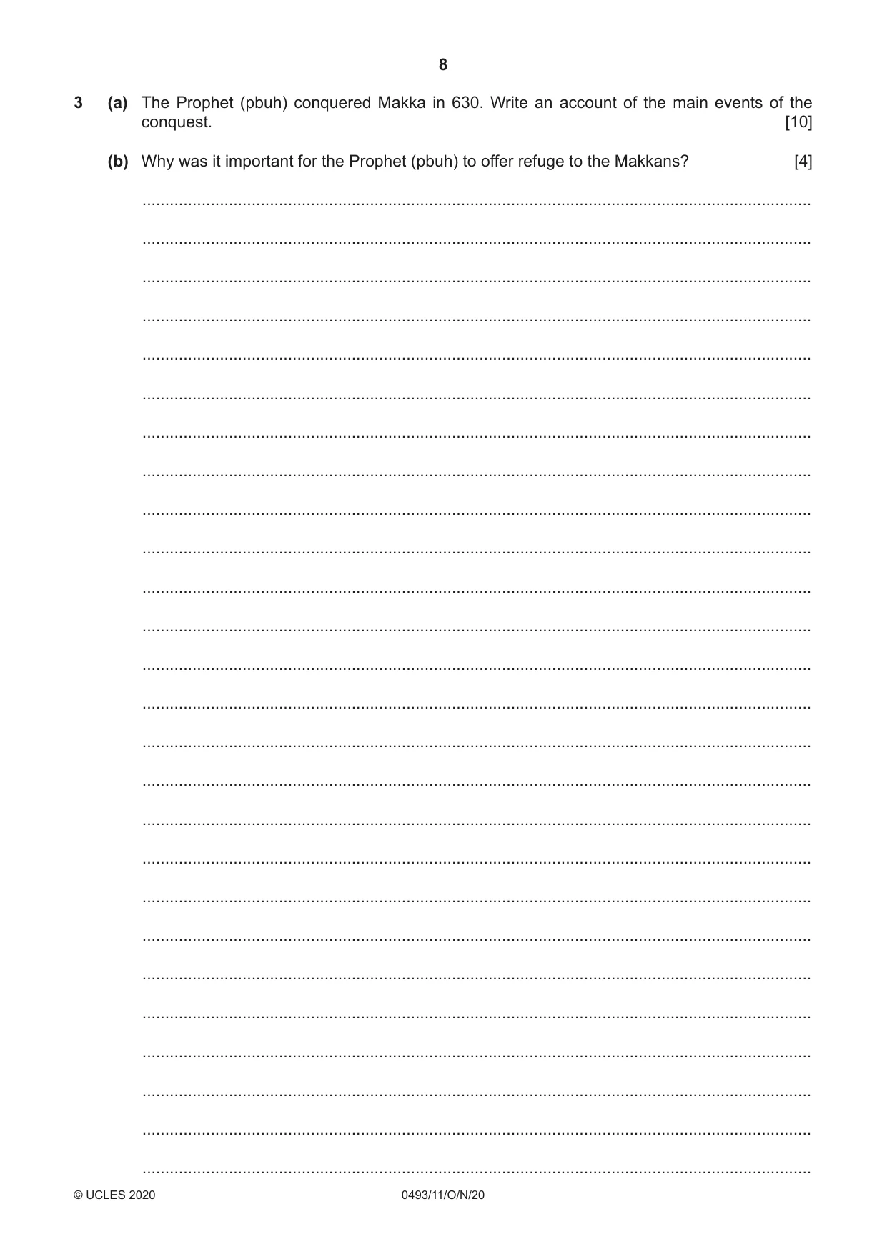 Cambridge IGCSE Islamiyat 0493 2020 Oct/Nov Paper 1 · Variant 1 question paper, page 8 of 16