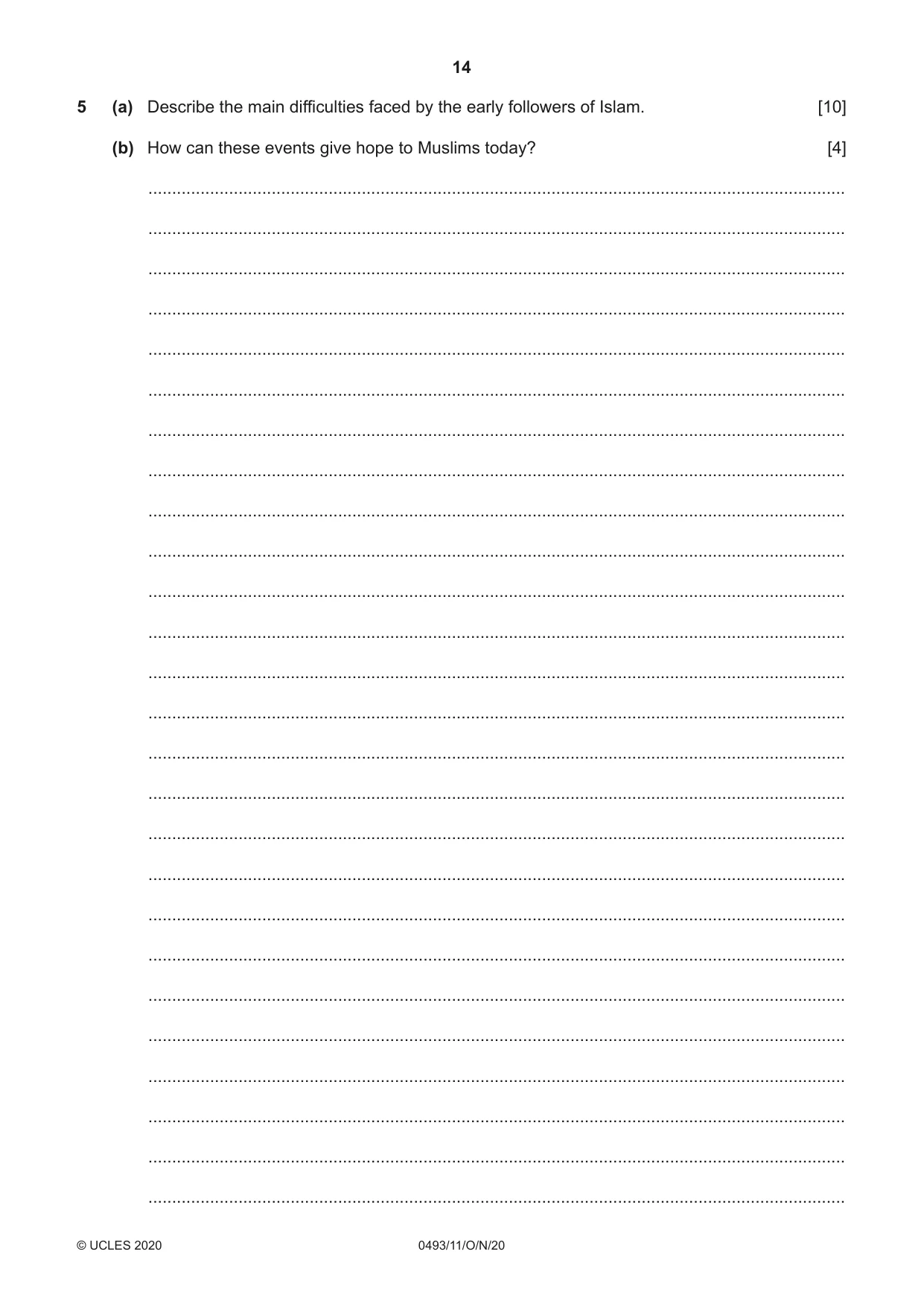 Cambridge IGCSE Islamiyat 0493 2020 Oct/Nov Paper 1 · Variant 1 question paper, page 14 of 16