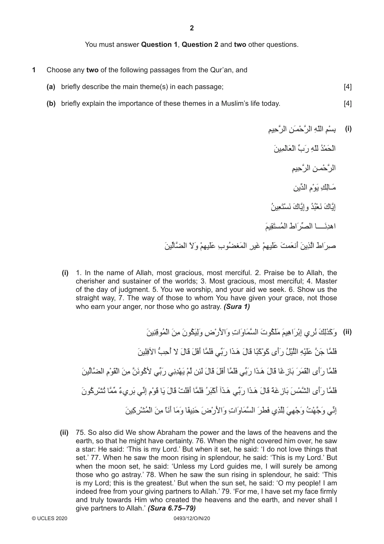 Cambridge IGCSE Islamiyat 0493 2020 Oct/Nov Paper 1 · Variant 2 question paper, page 2 of 20