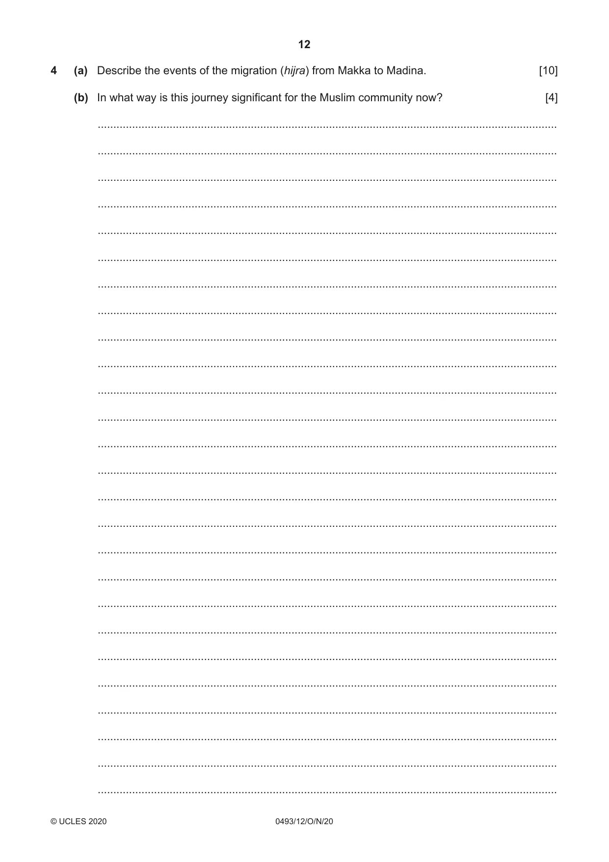 Cambridge IGCSE Islamiyat 0493 2020 Oct/Nov Paper 1 · Variant 2 question paper, page 12 of 20