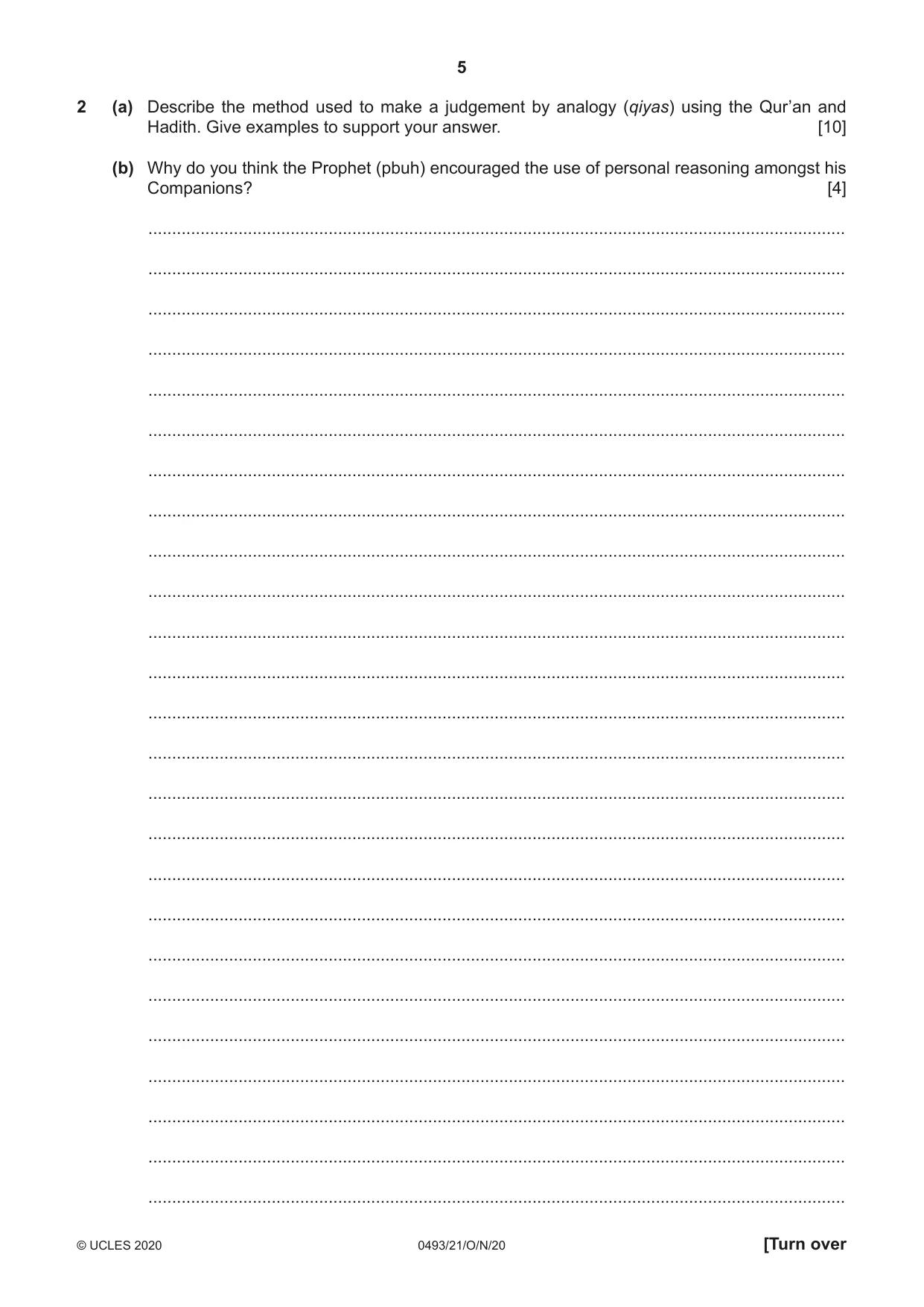 Cambridge IGCSE Islamiyat 0493 2020 Oct/Nov Paper 2 · Variant 1 question paper, page 5 of 16