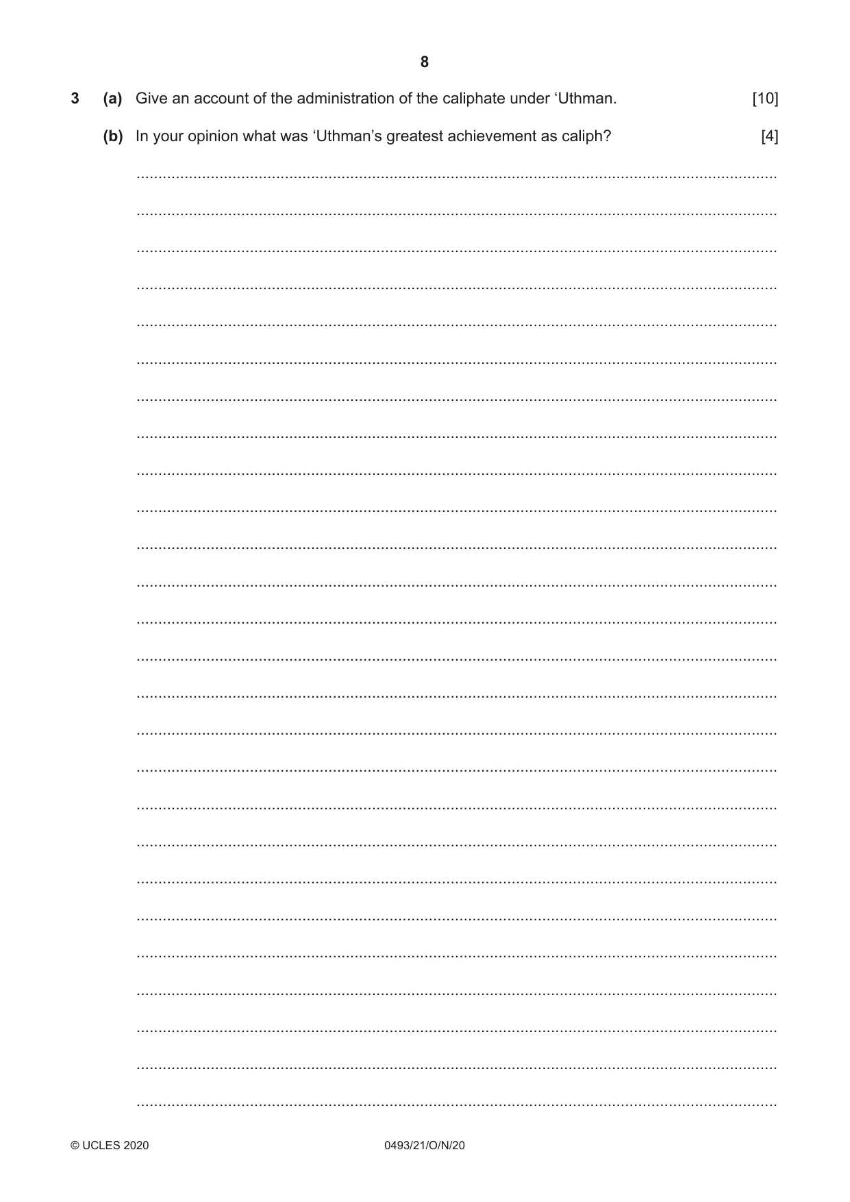 Cambridge IGCSE Islamiyat 0493 2020 Oct/Nov Paper 2 · Variant 1 question paper, page 8 of 16