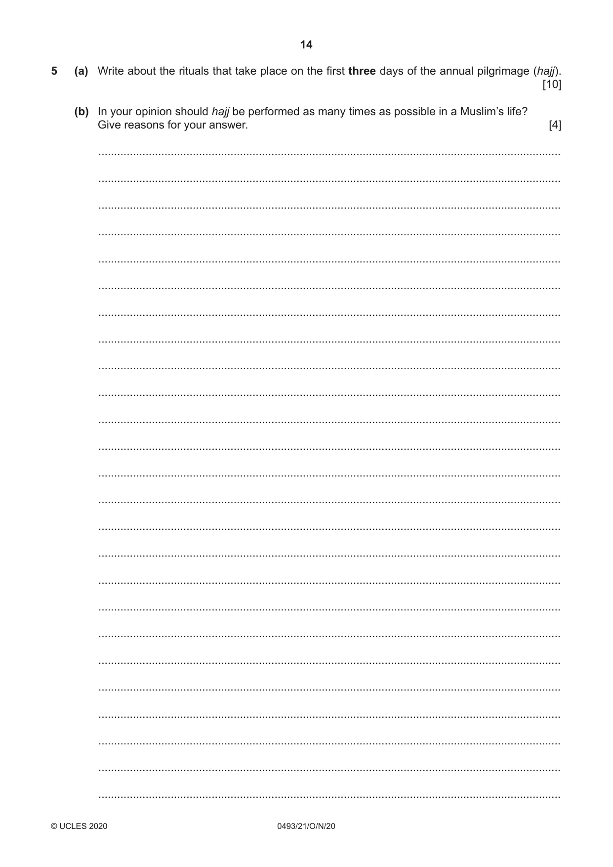 Cambridge IGCSE Islamiyat 0493 2020 Oct/Nov Paper 2 · Variant 1 question paper, page 14 of 16