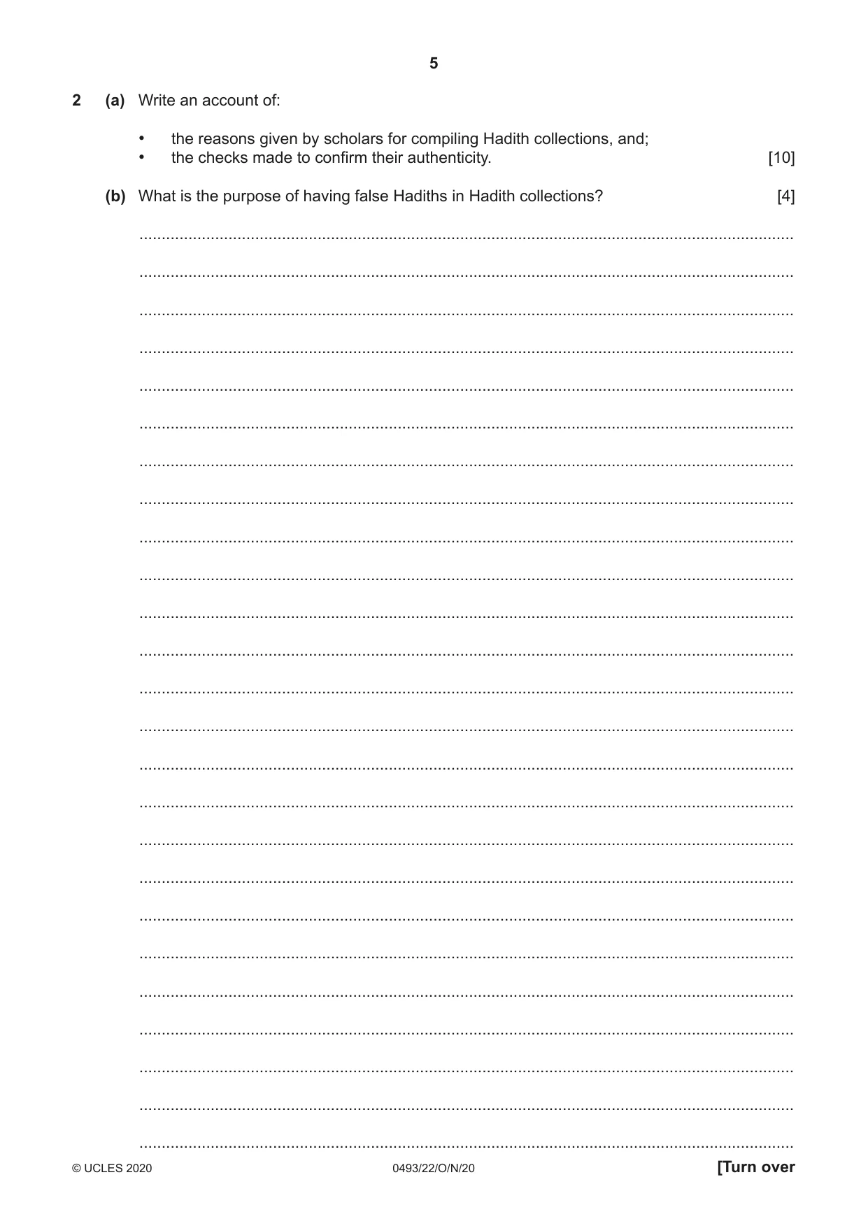 Cambridge IGCSE Islamiyat 0493 2020 Oct/Nov Paper 2 · Variant 2 question paper, page 5 of 16