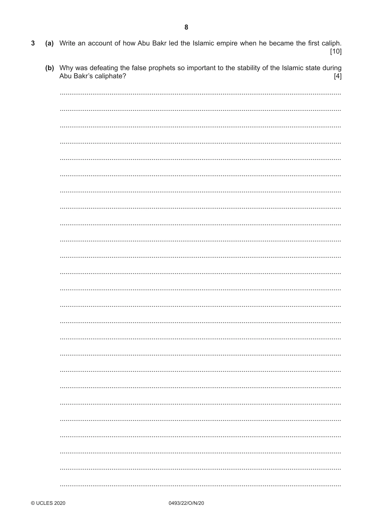 Cambridge IGCSE Islamiyat 0493 2020 Oct/Nov Paper 2 · Variant 2 question paper, page 8 of 16