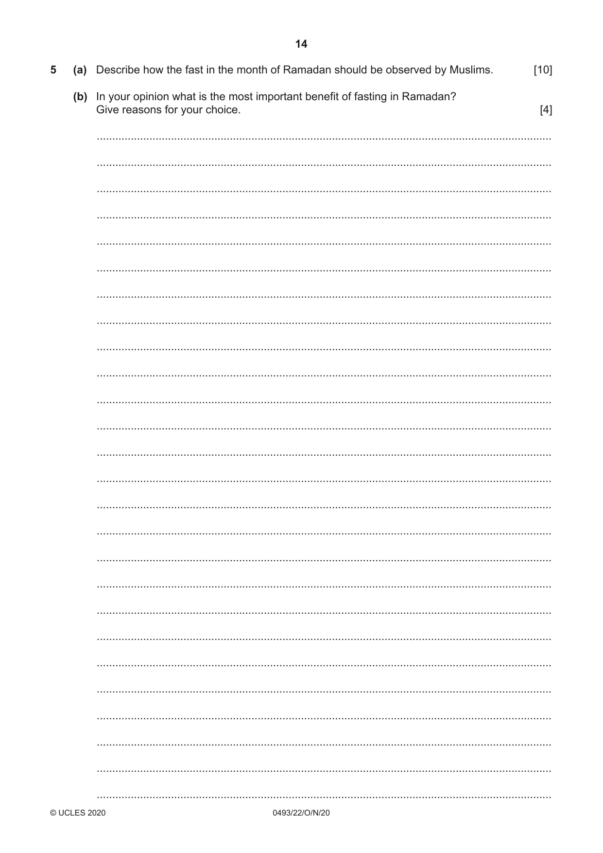 Cambridge IGCSE Islamiyat 0493 2020 Oct/Nov Paper 2 · Variant 2 question paper, page 14 of 16