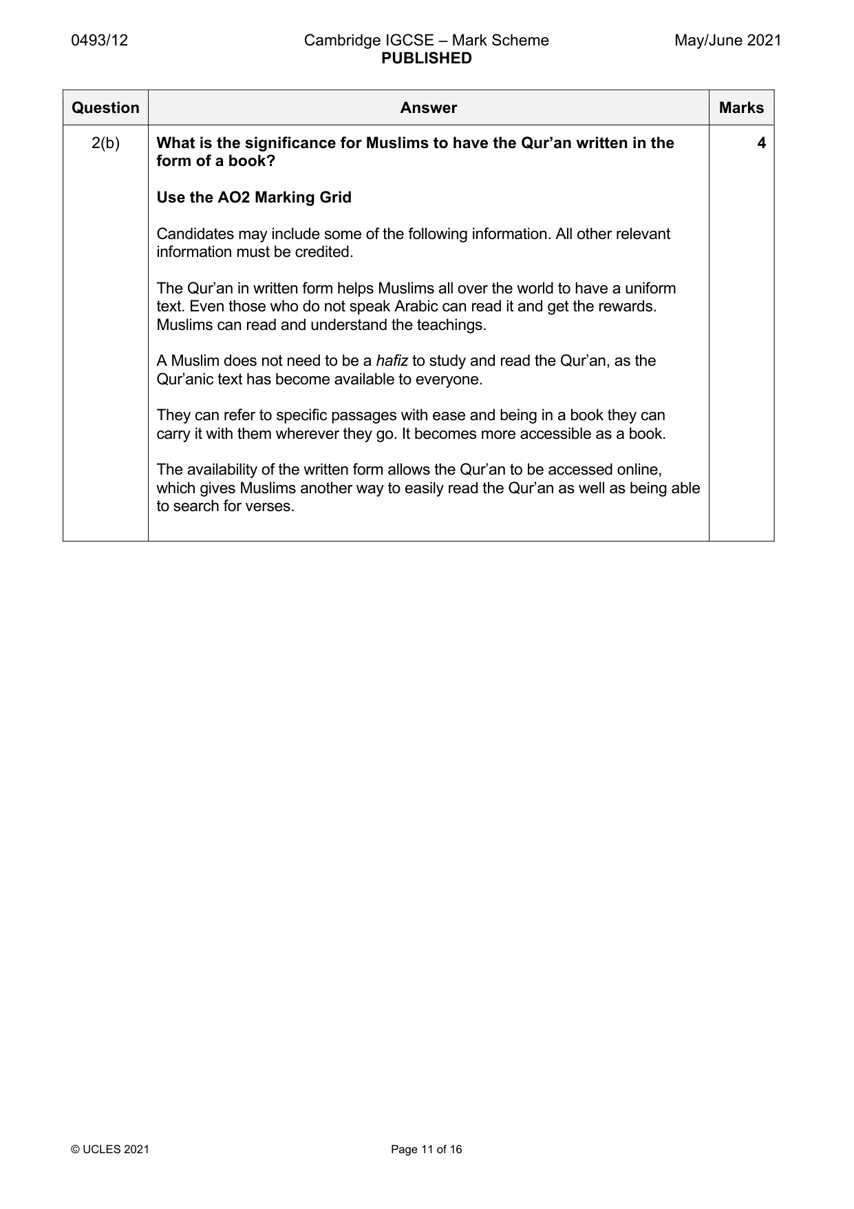 Mark scheme, page 11 of 16