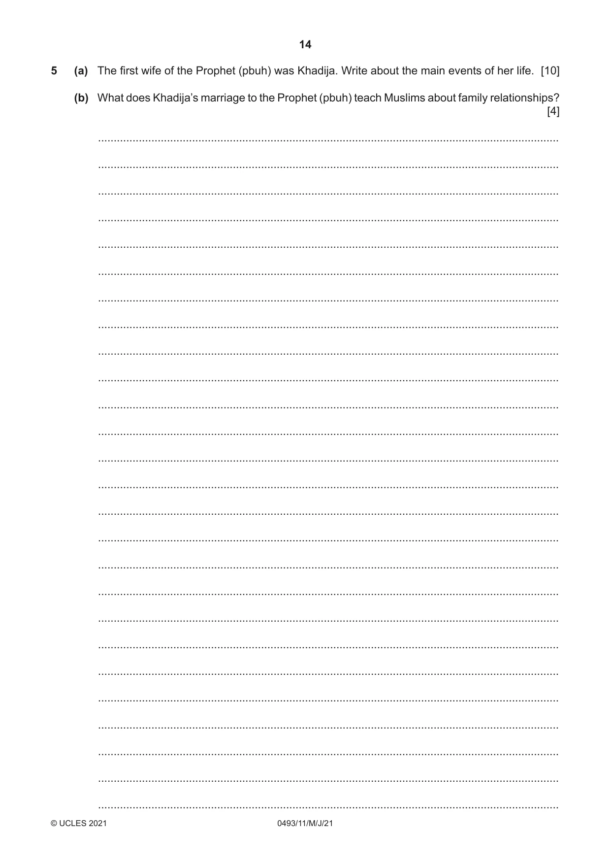 Cambridge IGCSE Islamiyat 0493 2021 May/June Paper 1 · Variant 1 question paper, page 14 of 20