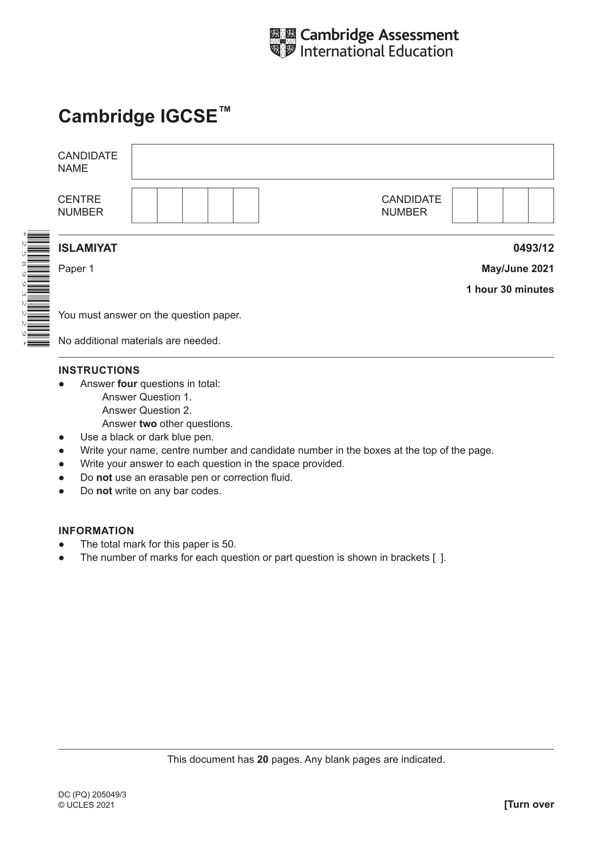 Cambridge IGCSE Islamiyat 0493 2021 May/June Paper 1 · Variant 2 question paper, page 1 of 20