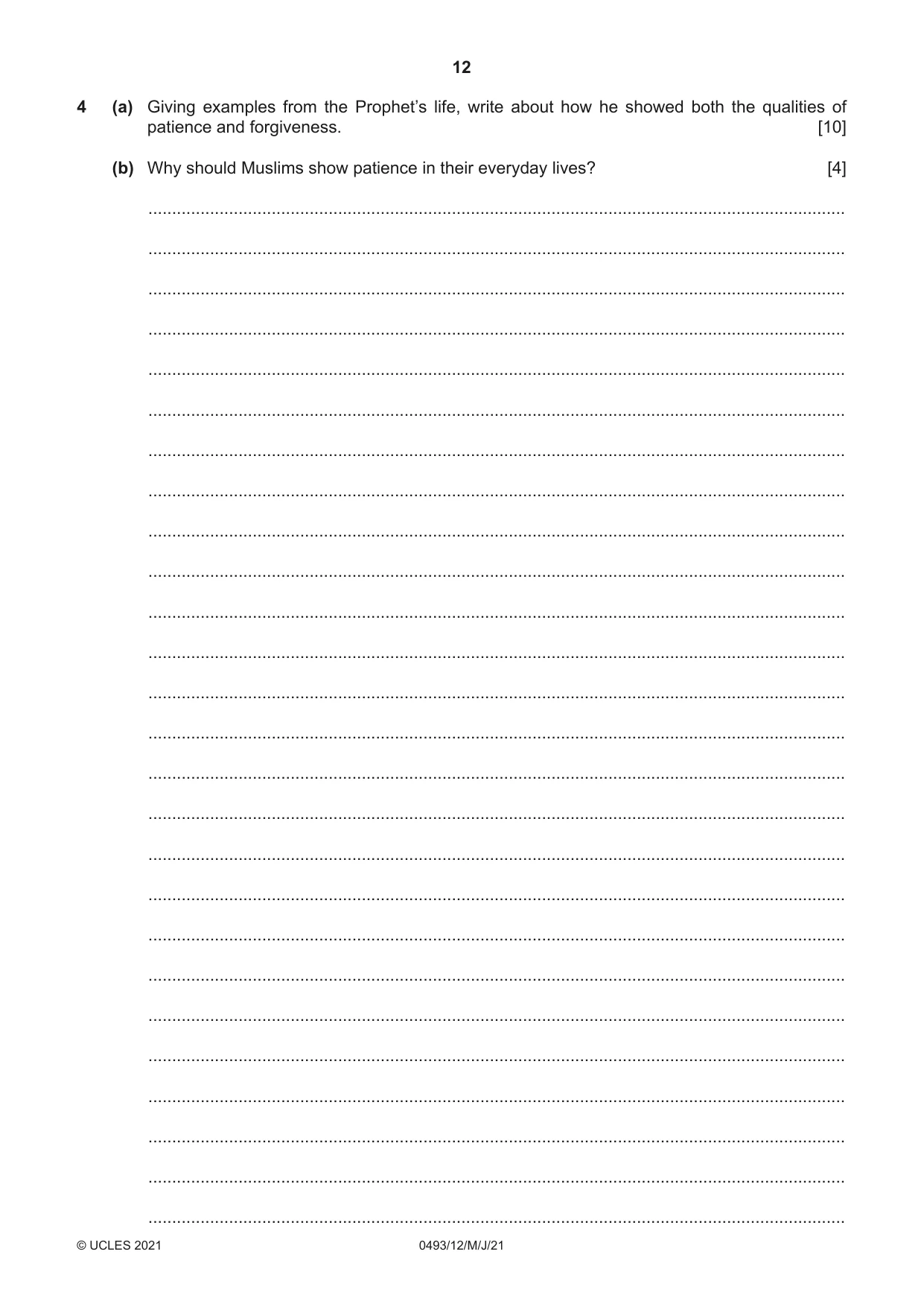 Cambridge IGCSE Islamiyat 0493 2021 May/June Paper 1 · Variant 2 question paper, page 12 of 20