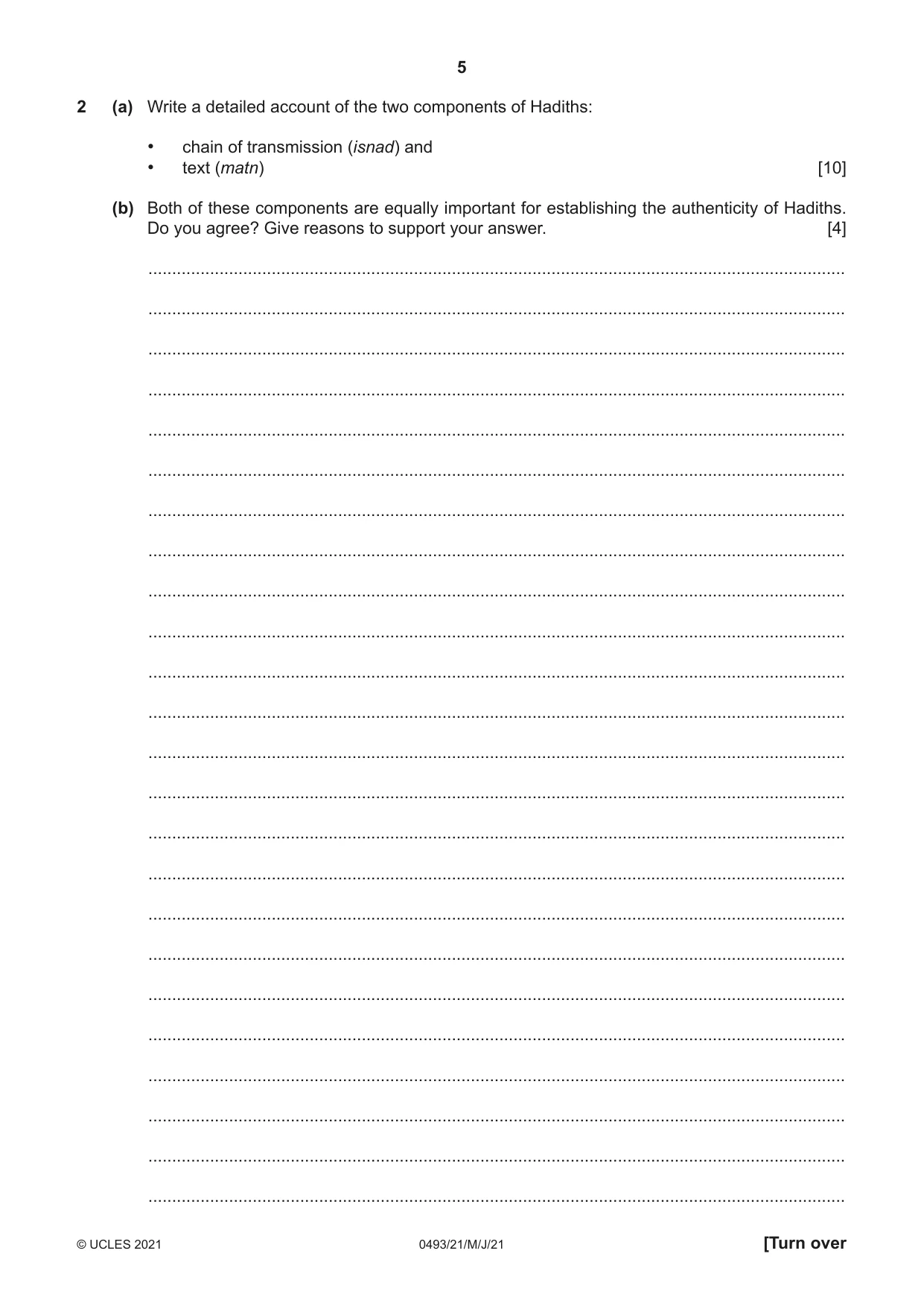 Cambridge IGCSE Islamiyat 0493 2021 May/June Paper 2 · Variant 1 question paper, page 5 of 16