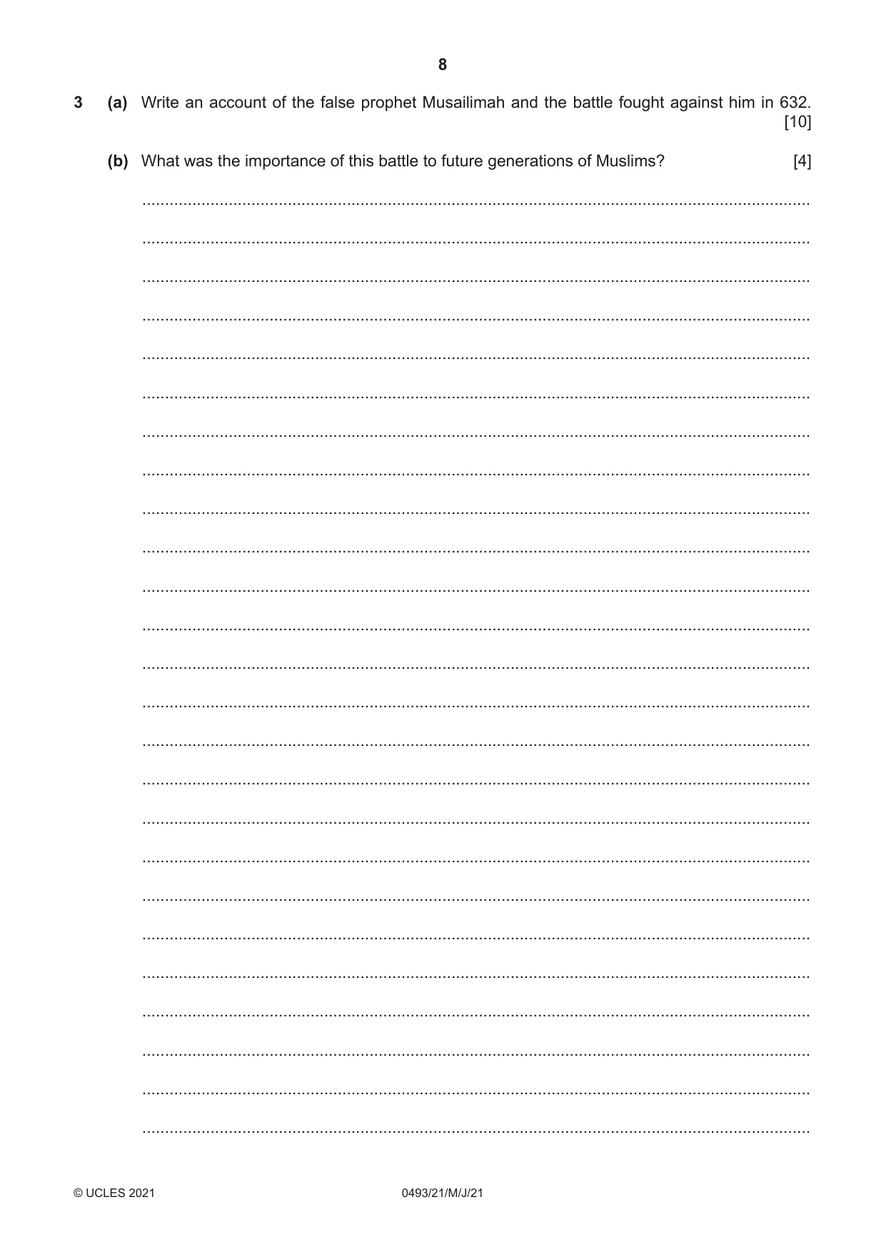 Cambridge IGCSE Islamiyat 0493 2021 May/June Paper 2 · Variant 1 question paper, page 8 of 16