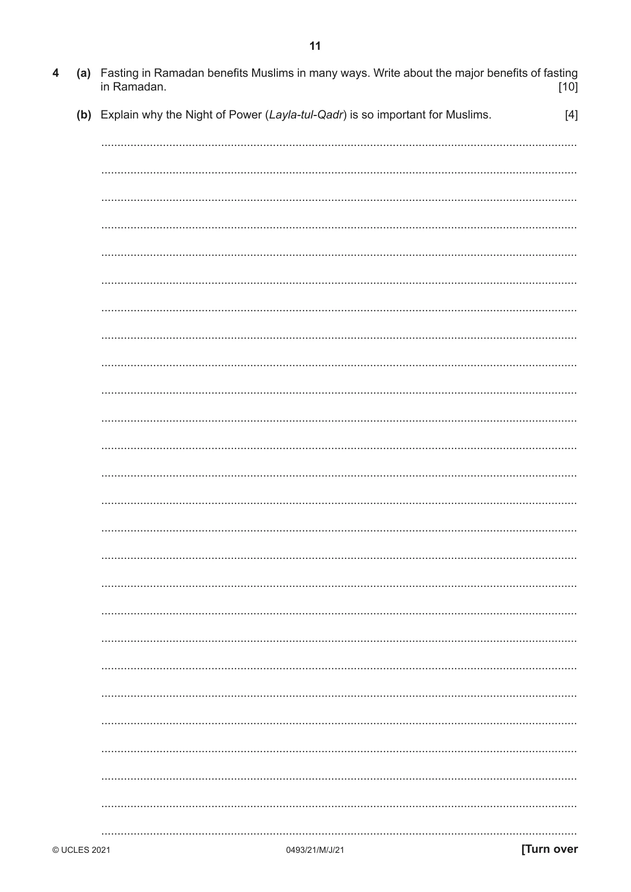 Cambridge IGCSE Islamiyat 0493 2021 May/June Paper 2 · Variant 1 question paper, page 11 of 16