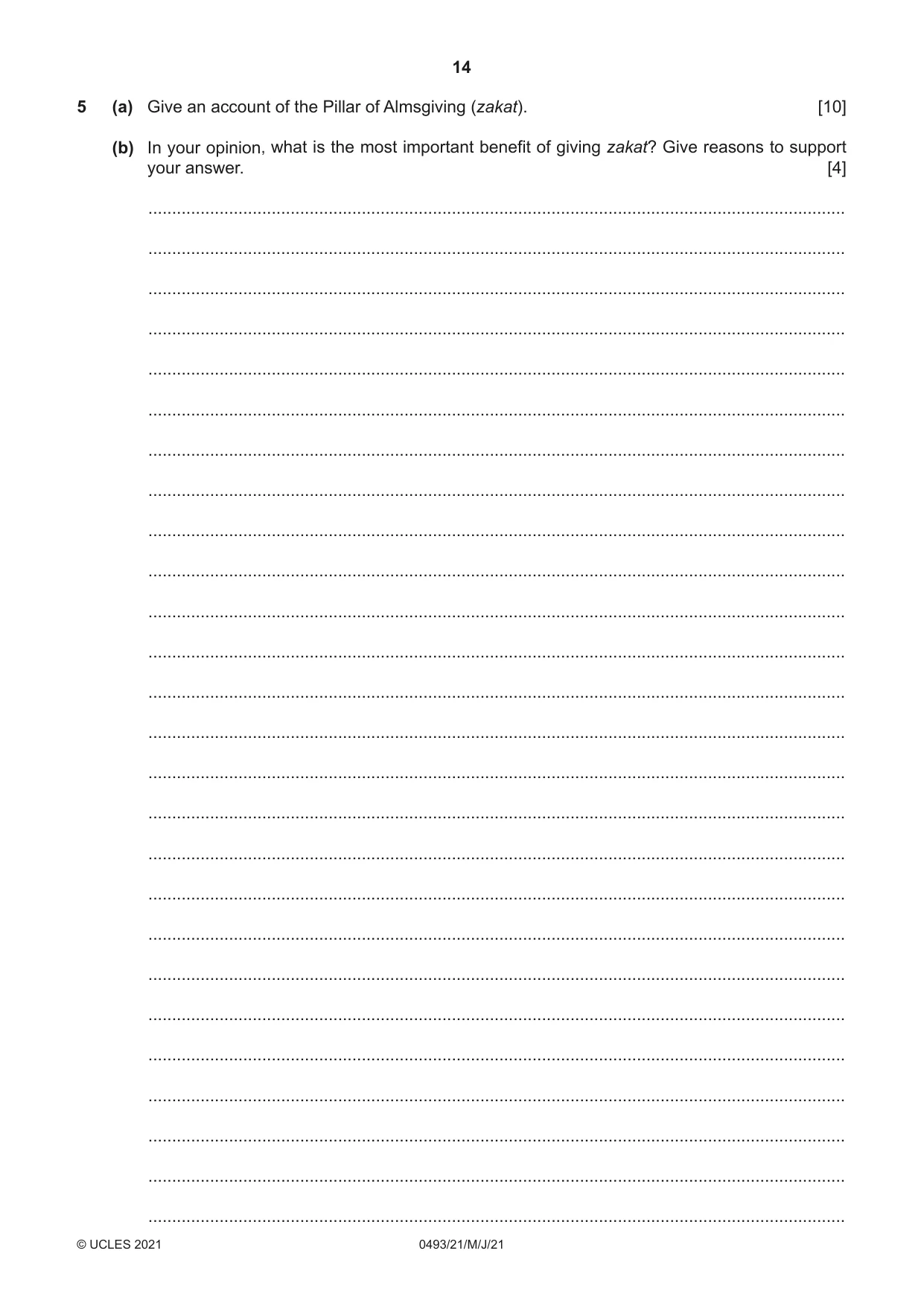 Cambridge IGCSE Islamiyat 0493 2021 May/June Paper 2 · Variant 1 question paper, page 14 of 16
