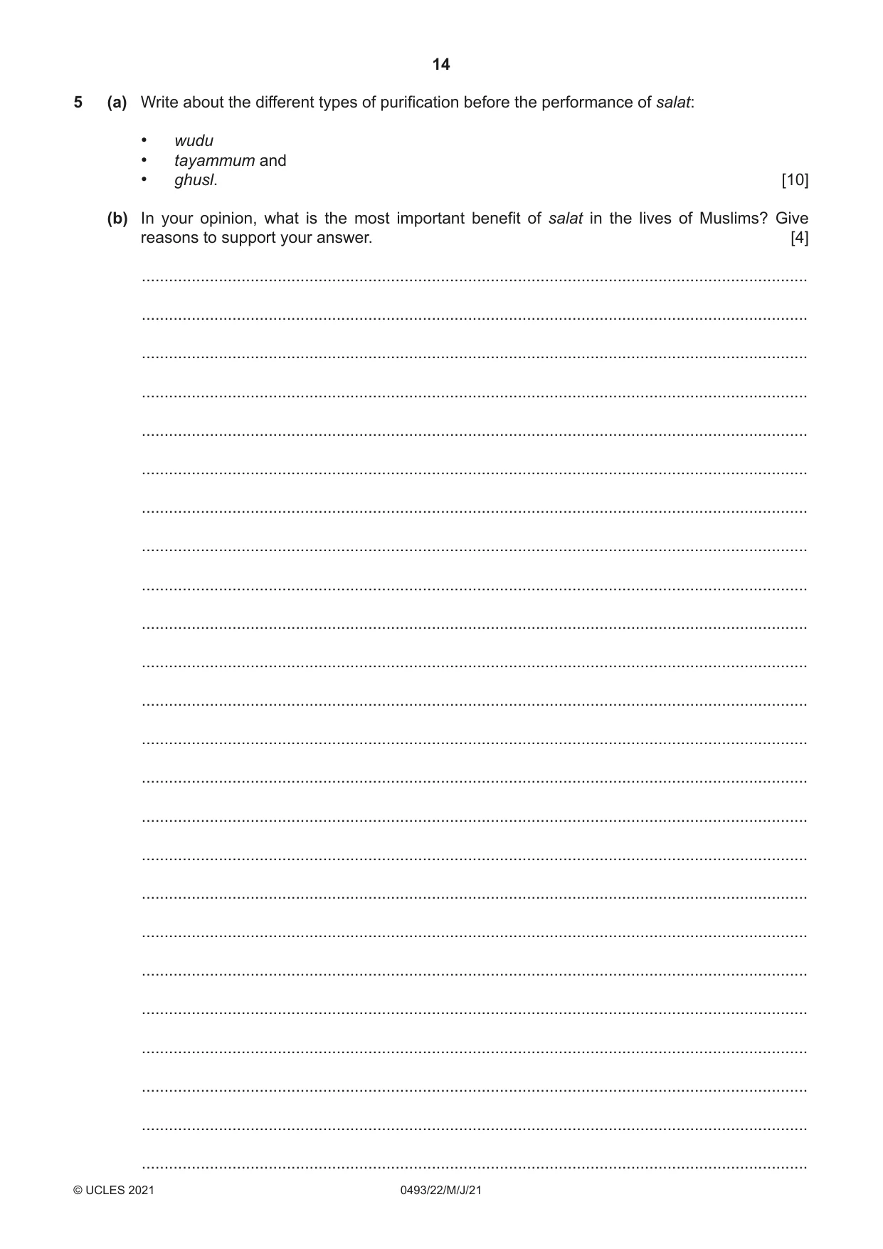 Cambridge IGCSE Islamiyat 0493 2021 May/June Paper 2 · Variant 2 question paper, page 14 of 16