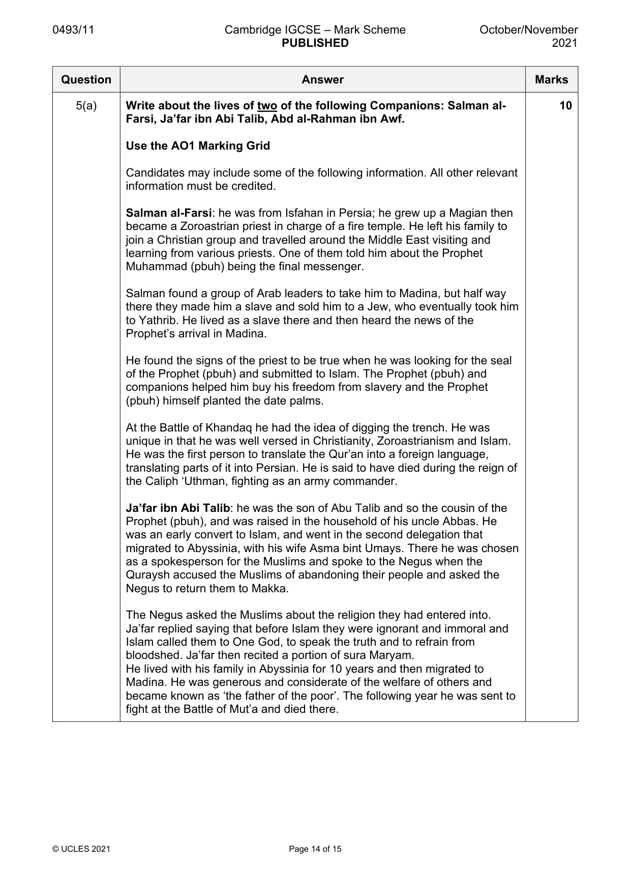 Mark scheme, page 14 of 15