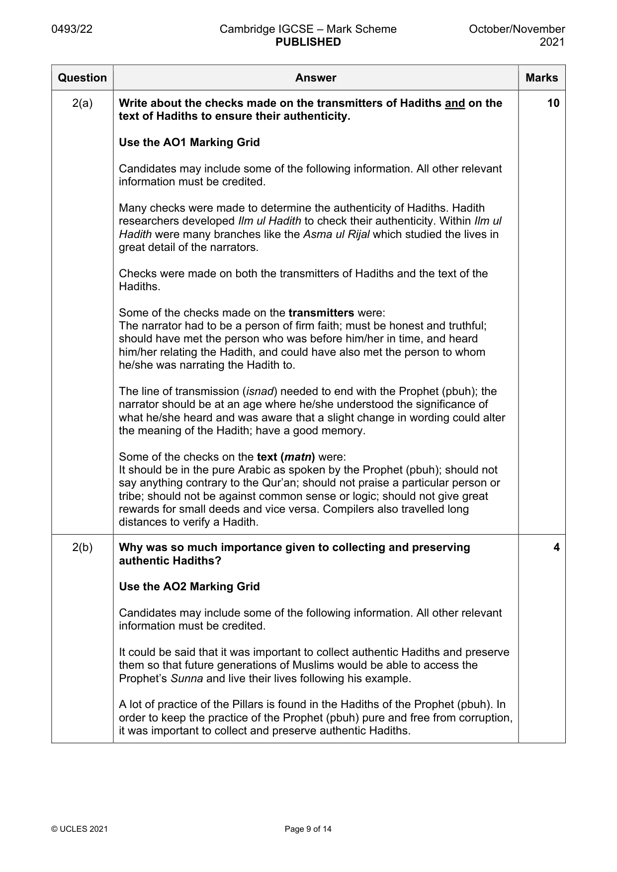 Mark scheme, page 9 of 14