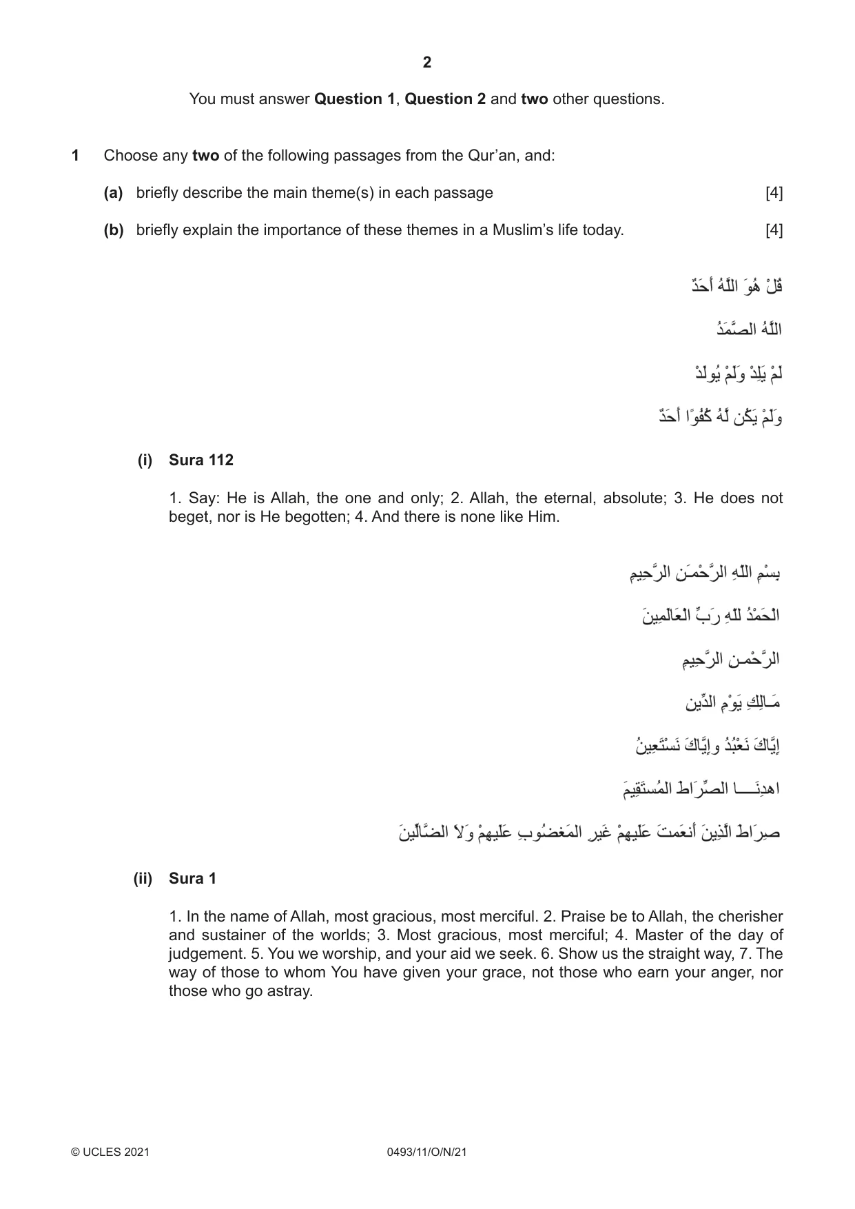 Cambridge IGCSE Islamiyat 0493 2021 Oct/Nov Paper 1 · Variant 1 question paper, page 2 of 20