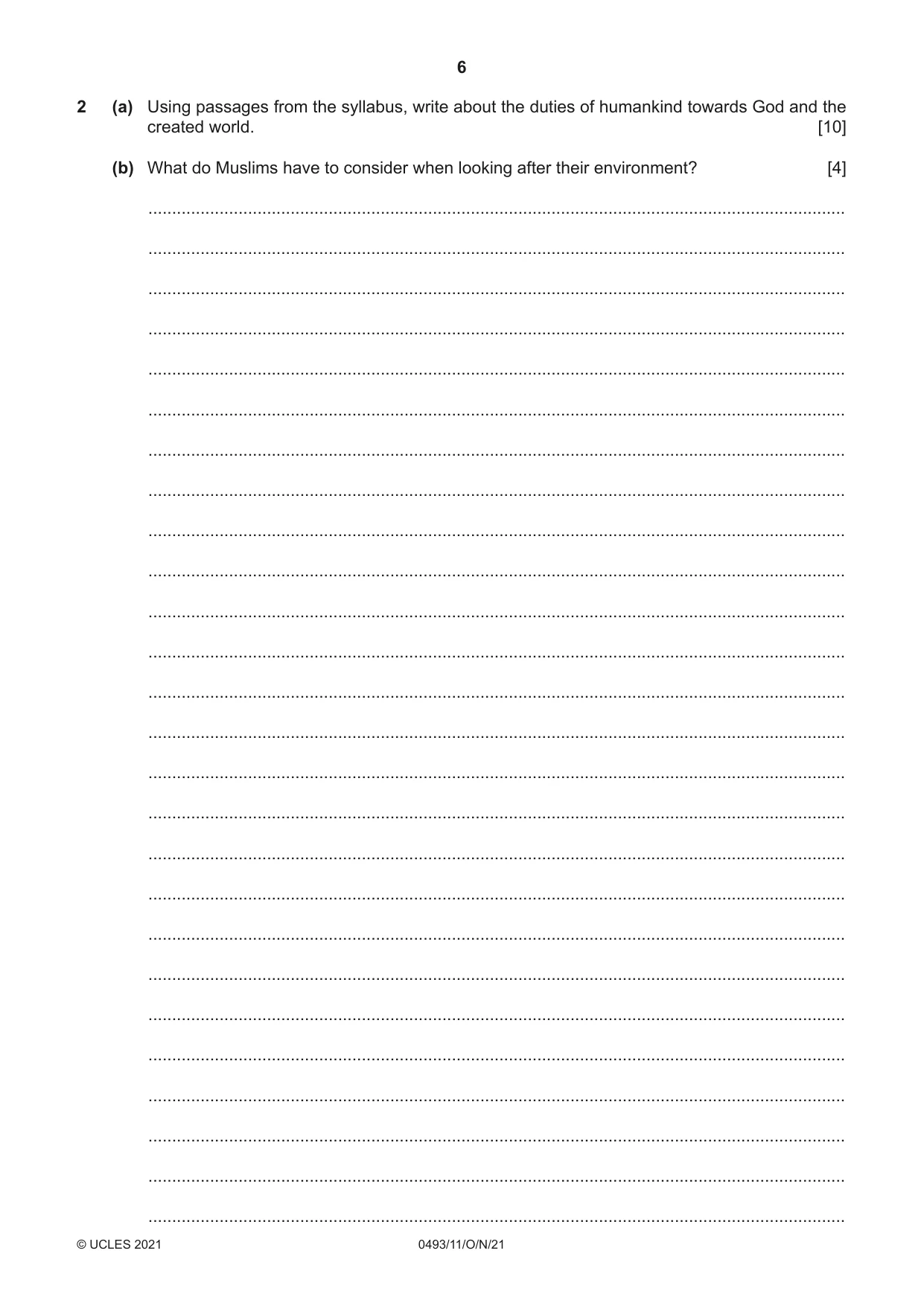 Cambridge IGCSE Islamiyat 0493 2021 Oct/Nov Paper 1 · Variant 1 question paper, page 6 of 20