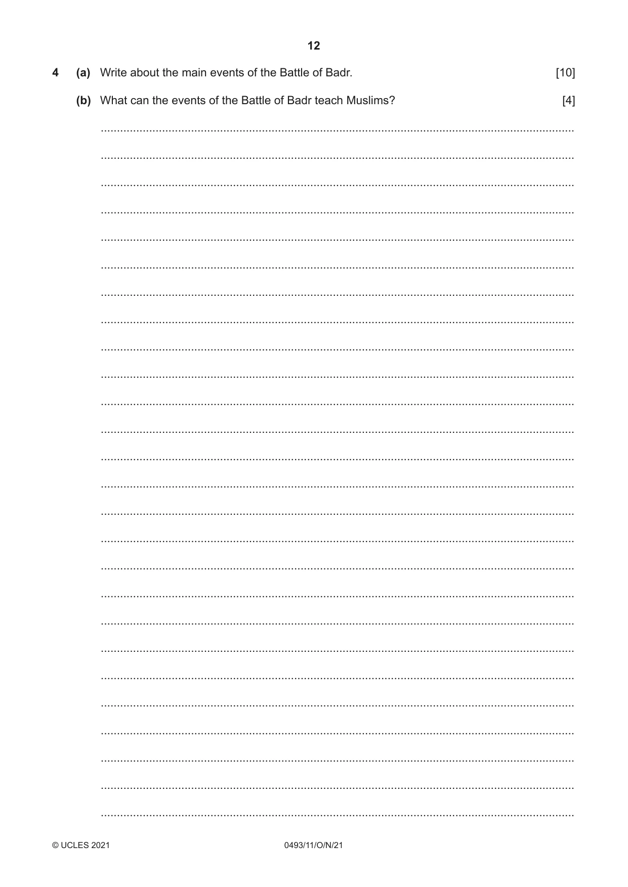 Cambridge IGCSE Islamiyat 0493 2021 Oct/Nov Paper 1 · Variant 1 question paper, page 12 of 20