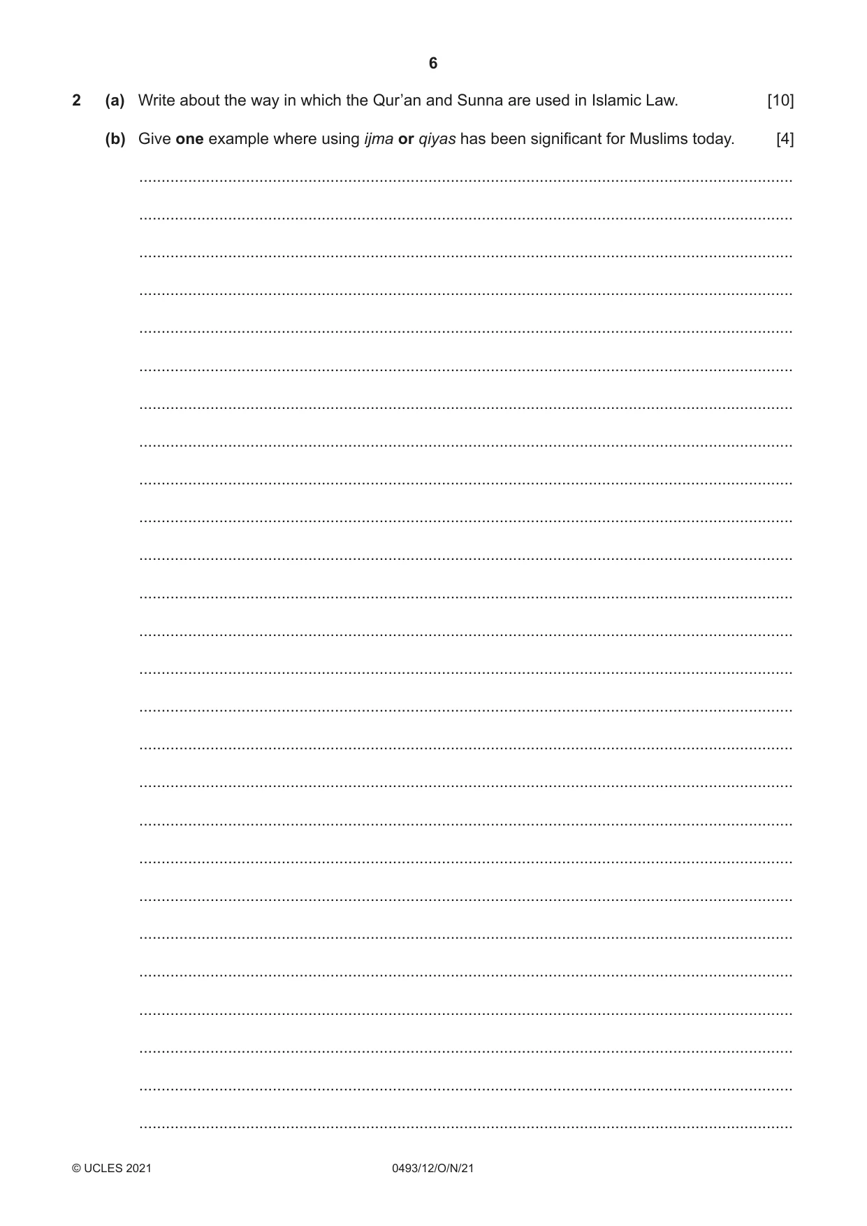 Cambridge IGCSE Islamiyat 0493 2021 Oct/Nov Paper 1 · Variant 2 question paper, page 6 of 20