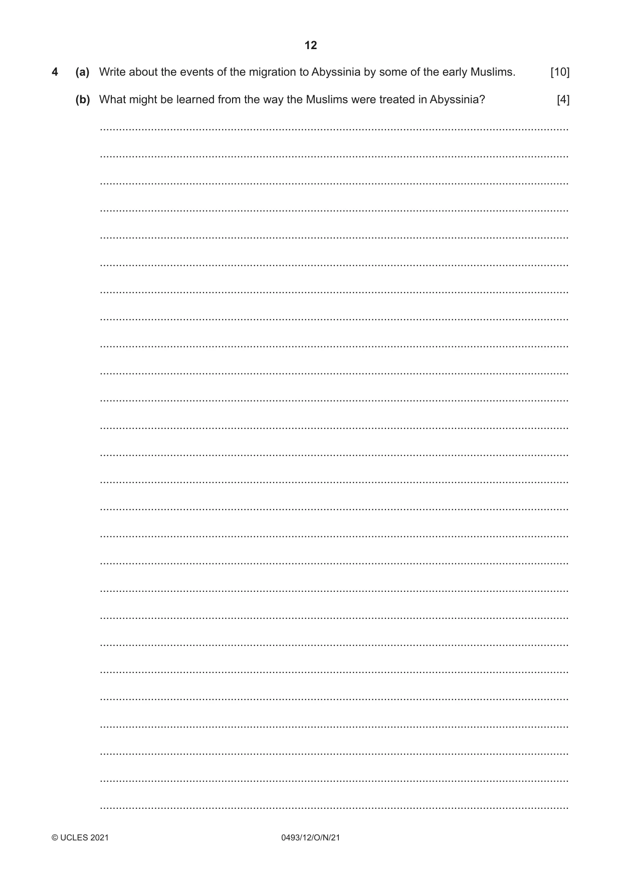 Cambridge IGCSE Islamiyat 0493 2021 Oct/Nov Paper 1 · Variant 2 question paper, page 12 of 20