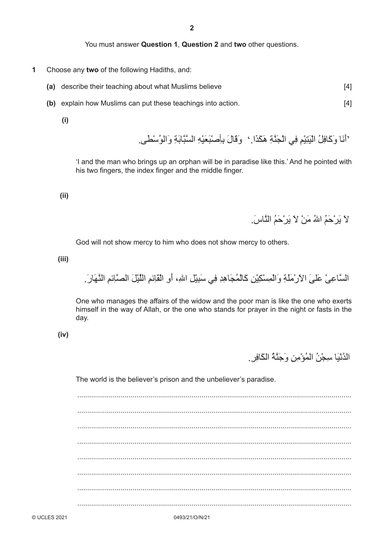 Cambridge IGCSE Islamiyat 0493 2021 Oct/Nov Paper 2 · Variant 1 question paper, page 2 of 16