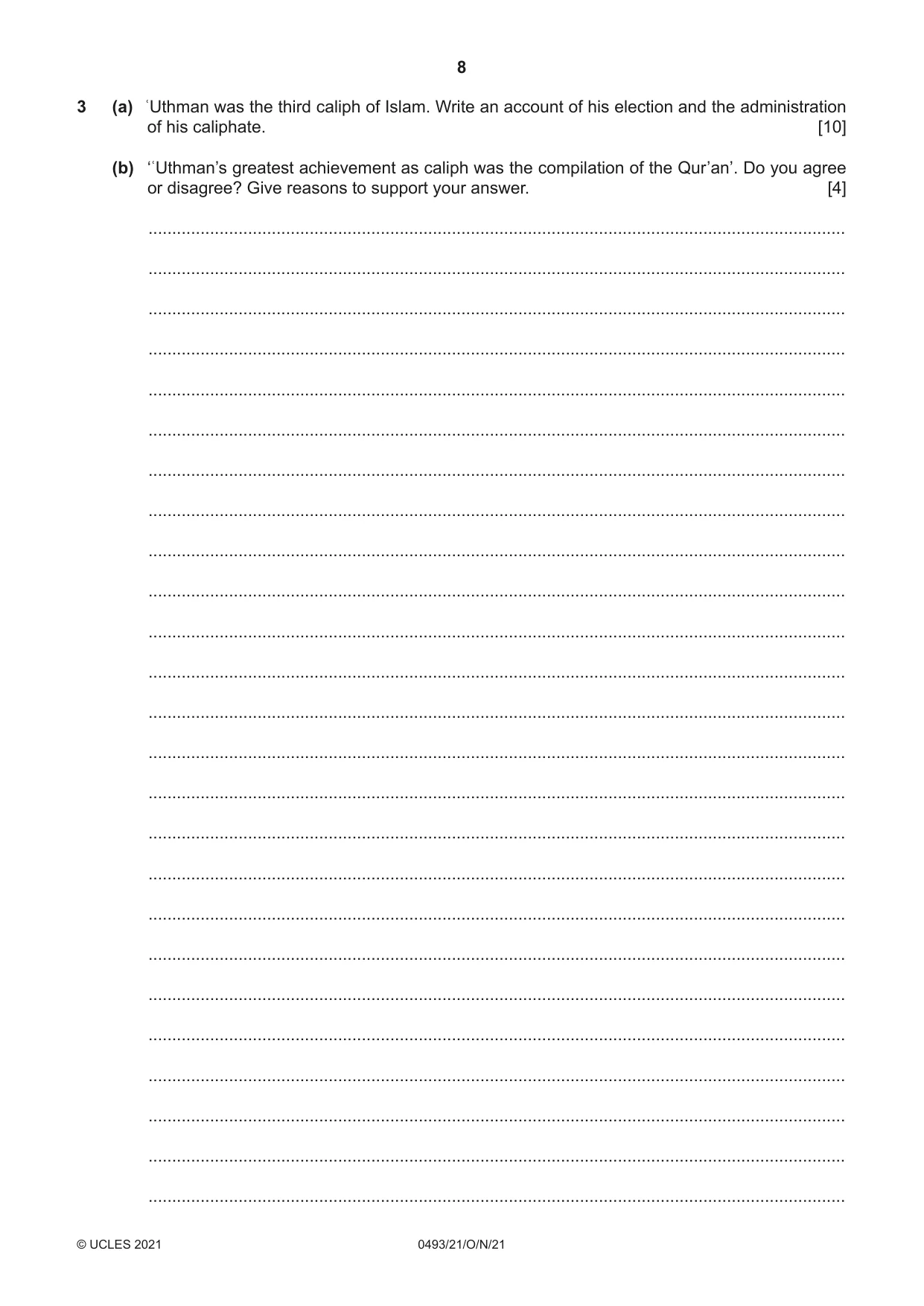 Cambridge IGCSE Islamiyat 0493 2021 Oct/Nov Paper 2 · Variant 1 question paper, page 8 of 16