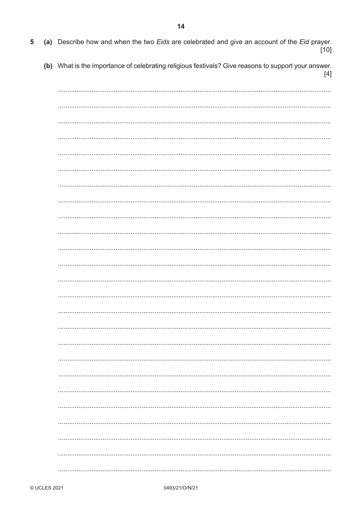 Cambridge IGCSE Islamiyat 0493 2021 Oct/Nov Paper 2 · Variant 1 question paper, page 14 of 16