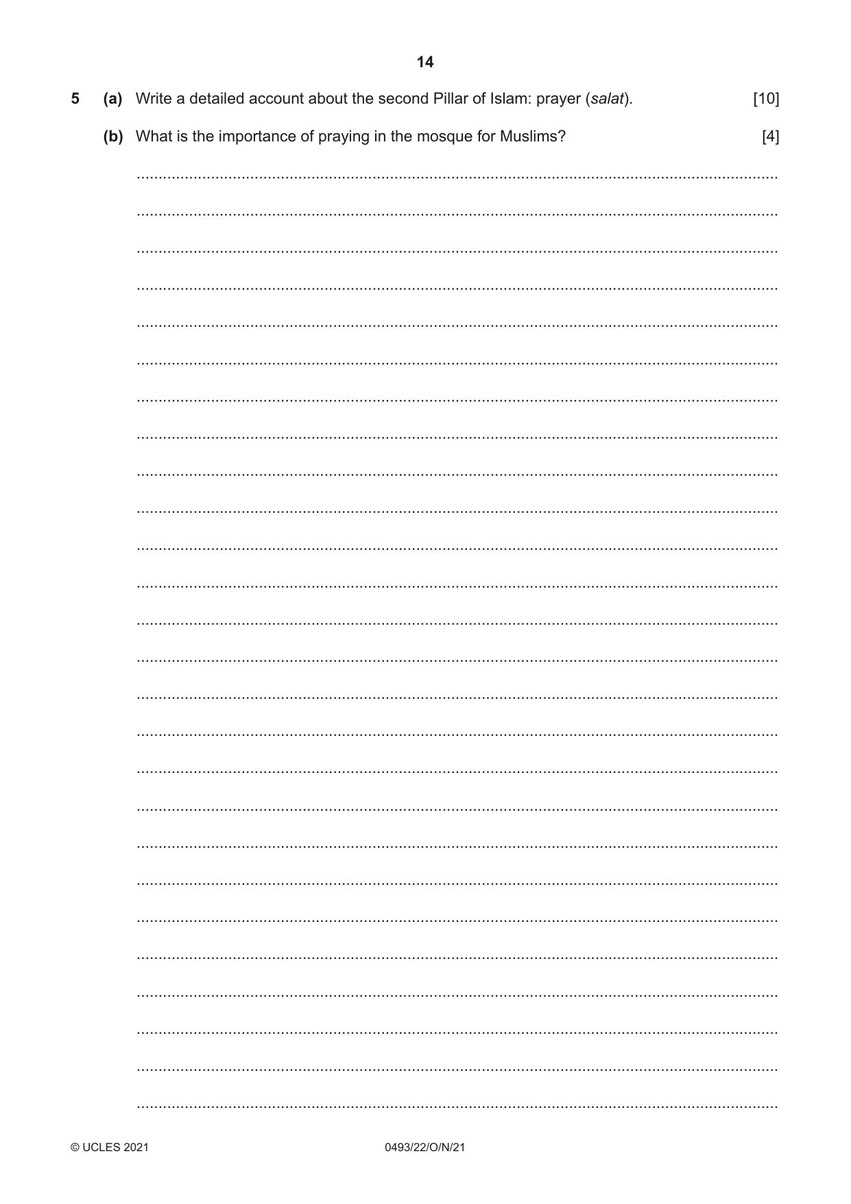 Cambridge IGCSE Islamiyat 0493 2021 Oct/Nov Paper 2 · Variant 2 question paper, page 14 of 16