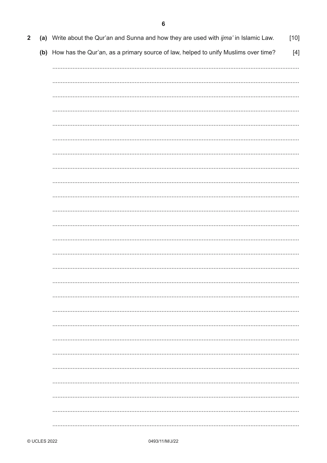 Cambridge IGCSE Islamiyat 0493 2022 May/June Paper 1 · Variant 1 question paper, page 6 of 20