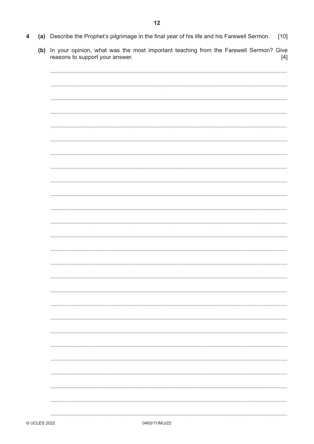 Cambridge IGCSE Islamiyat 0493 2022 May/June Paper 1 · Variant 1 question paper, page 12 of 20