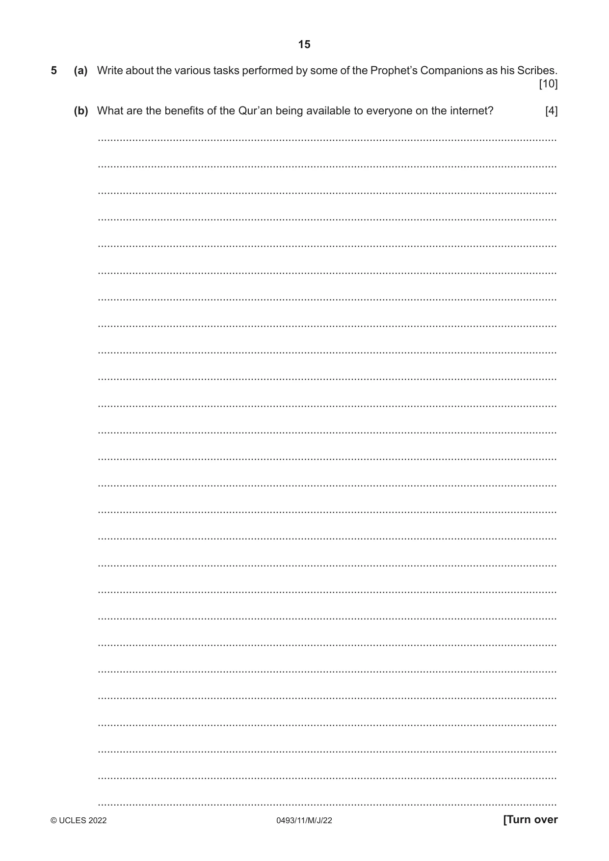 Cambridge IGCSE Islamiyat 0493 2022 May/June Paper 1 · Variant 1 question paper, page 15 of 20