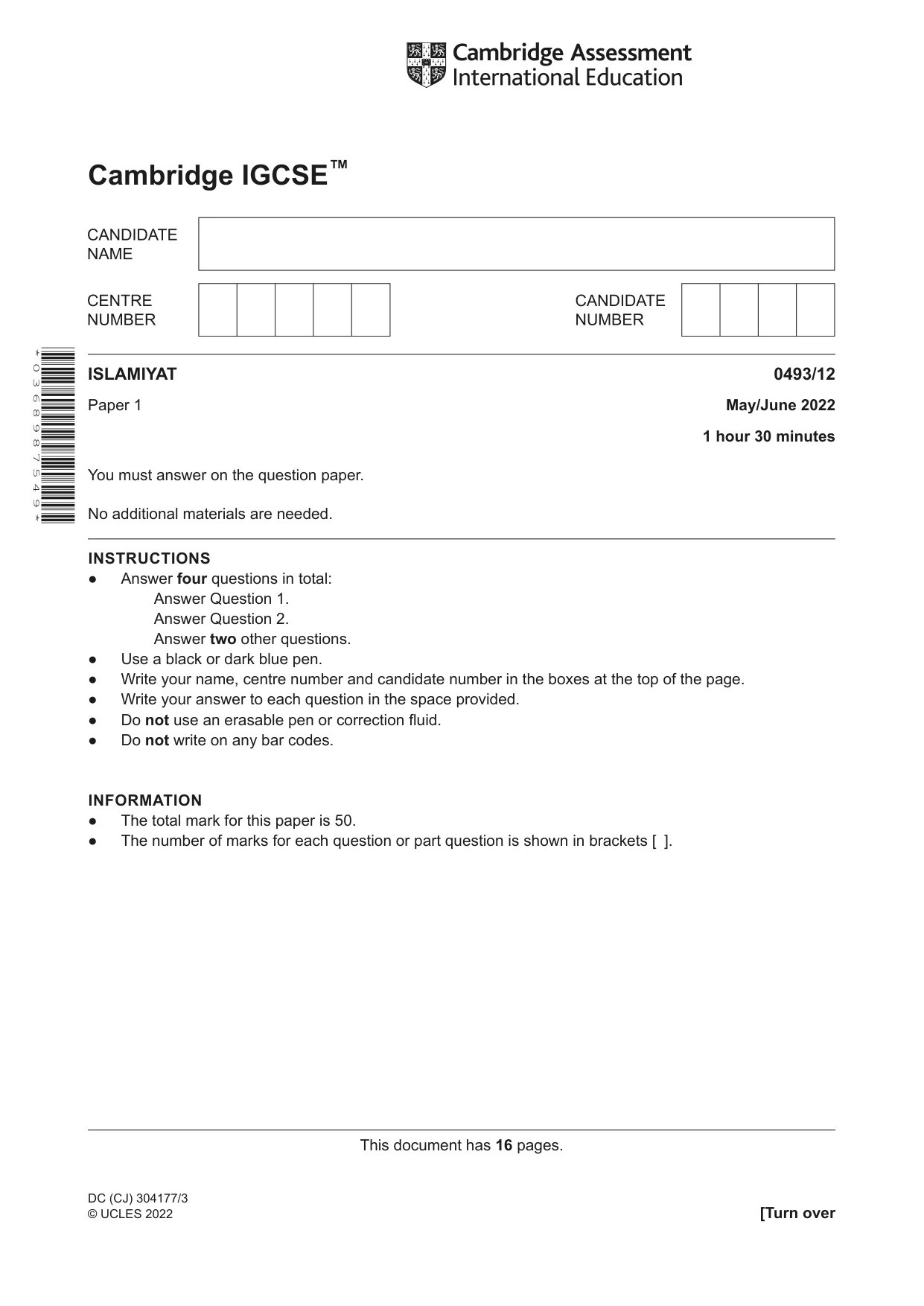 Cambridge IGCSE Islamiyat 0493 2022 May/June Paper 1 · Variant 2 question paper, page 1 of 16
