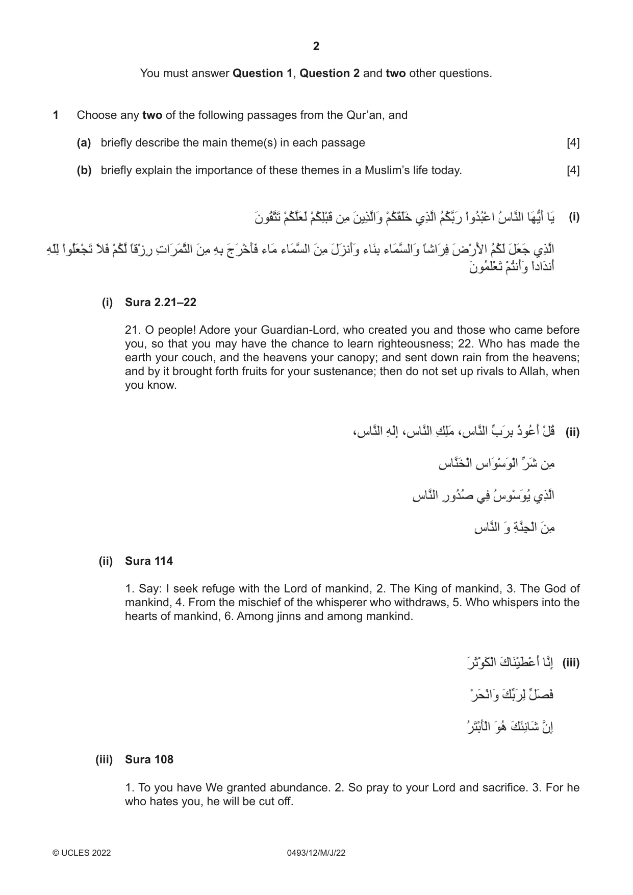 Cambridge IGCSE Islamiyat 0493 2022 May/June Paper 1 · Variant 2 question paper, page 2 of 16