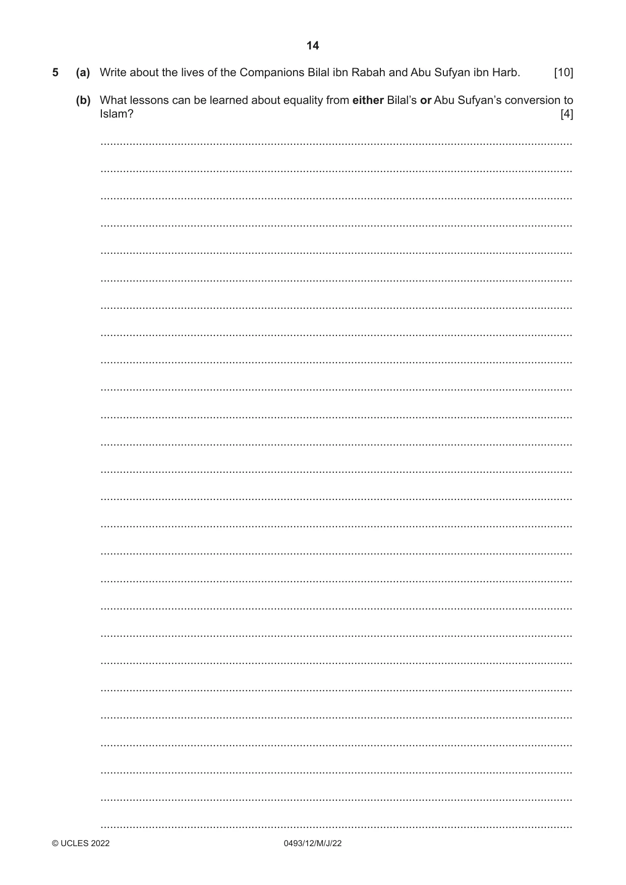 Cambridge IGCSE Islamiyat 0493 2022 May/June Paper 1 · Variant 2 question paper, page 14 of 16