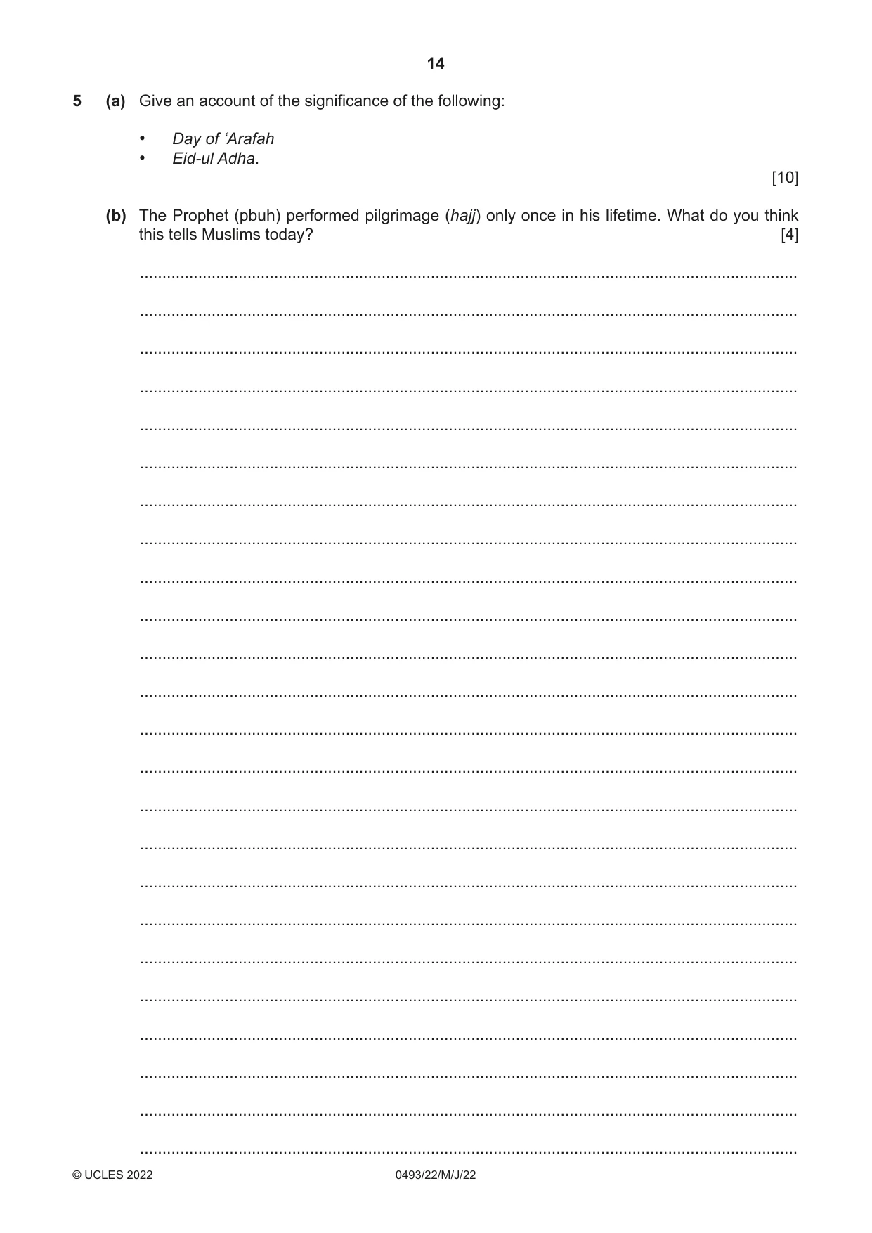 Cambridge IGCSE Islamiyat 0493 2022 May/June Paper 2 · Variant 2 question paper, page 14 of 16