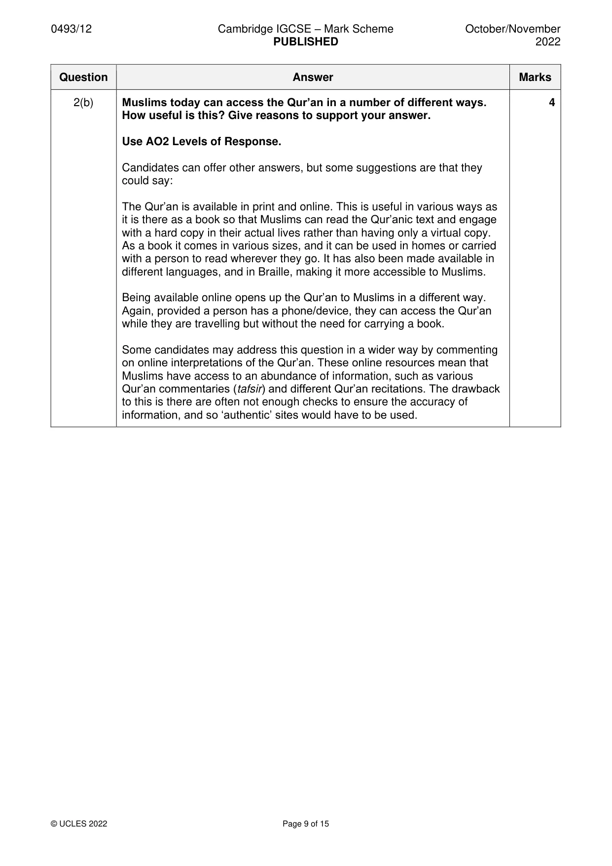 Mark scheme, page 9 of 15