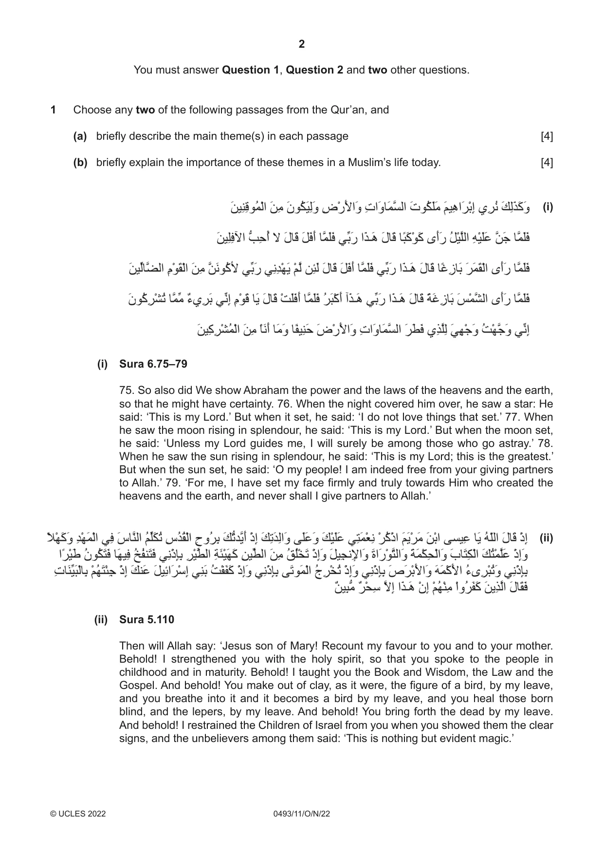 Cambridge IGCSE Islamiyat 0493 2022 Oct/Nov Paper 1 · Variant 1 question paper, page 2 of 20