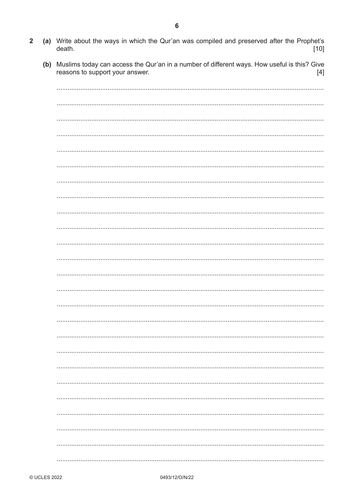 Cambridge IGCSE Islamiyat 0493 2022 Oct/Nov Paper 1 · Variant 2 question paper, page 6 of 20