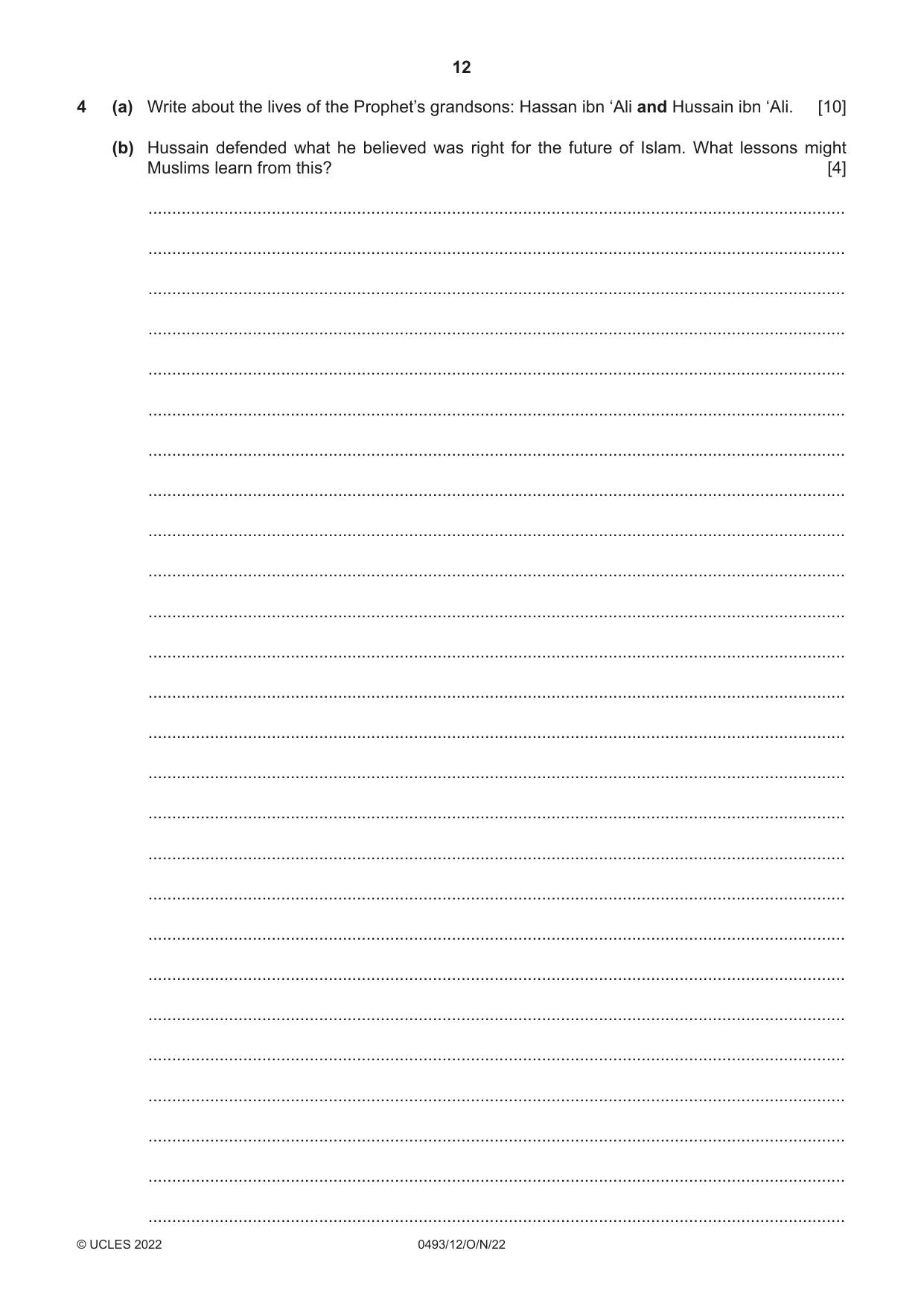 Cambridge IGCSE Islamiyat 0493 2022 Oct/Nov Paper 1 · Variant 2 question paper, page 12 of 20