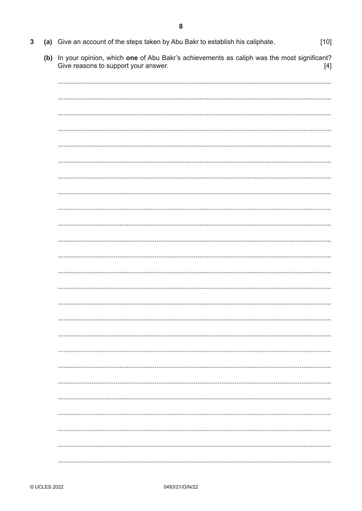 Cambridge IGCSE Islamiyat 0493 2022 Oct/Nov Paper 2 · Variant 1 question paper, page 8 of 16