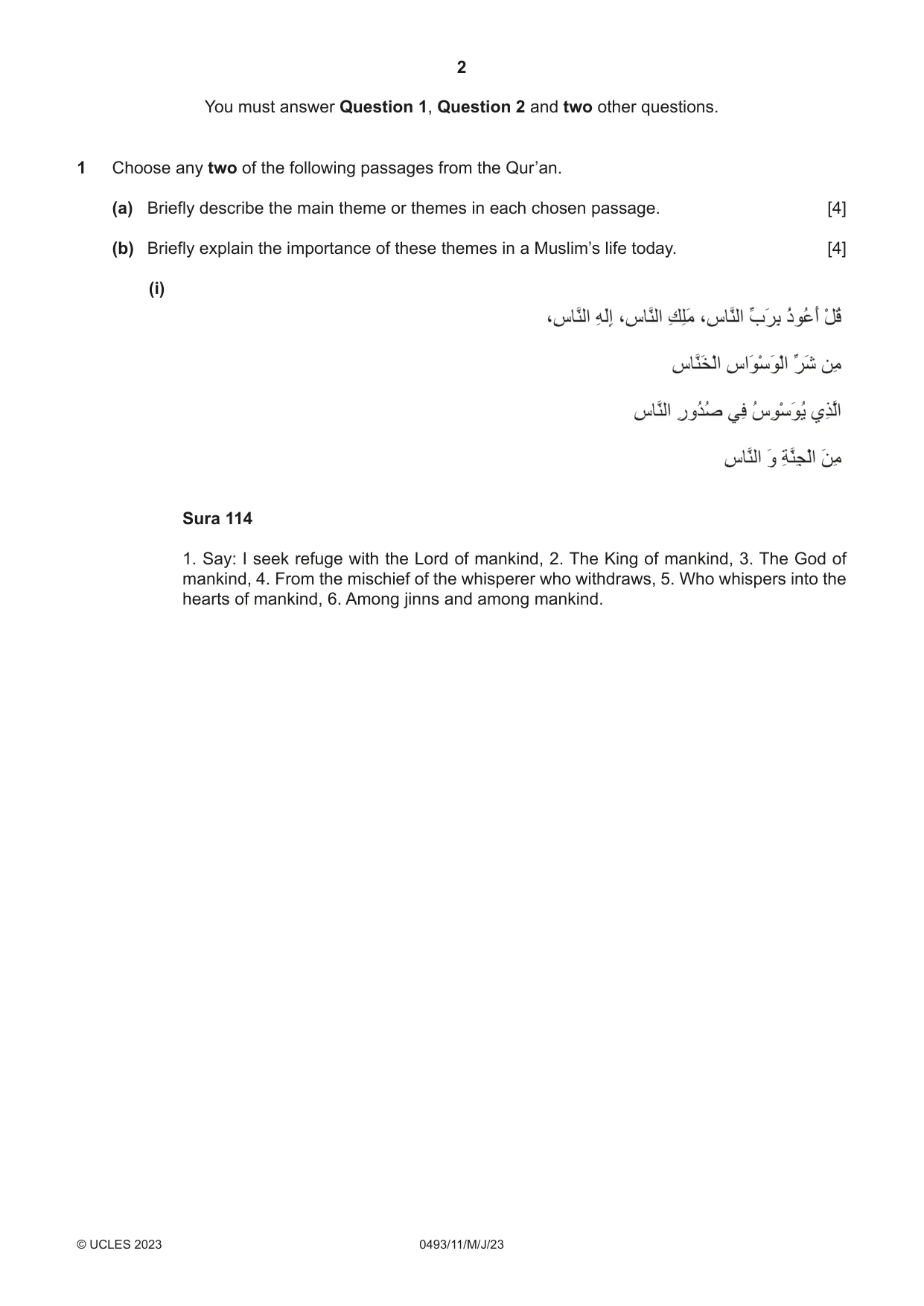 Cambridge IGCSE Islamiyat 0493 2023 May/June Paper 1 · Variant 1 question paper, page 2 of 20