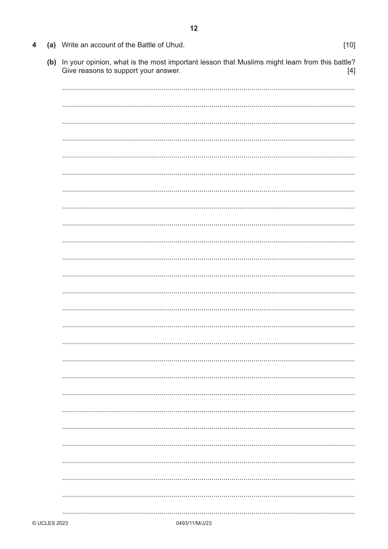 Cambridge IGCSE Islamiyat 0493 2023 May/June Paper 1 · Variant 1 question paper, page 12 of 20