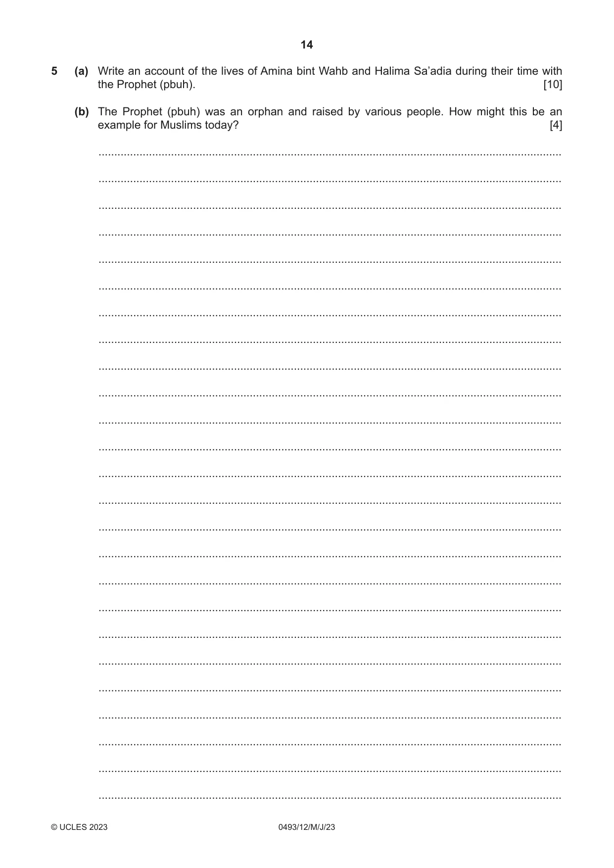 Cambridge IGCSE Islamiyat 0493 2023 May/June Paper 1 · Variant 2 question paper, page 14 of 16
