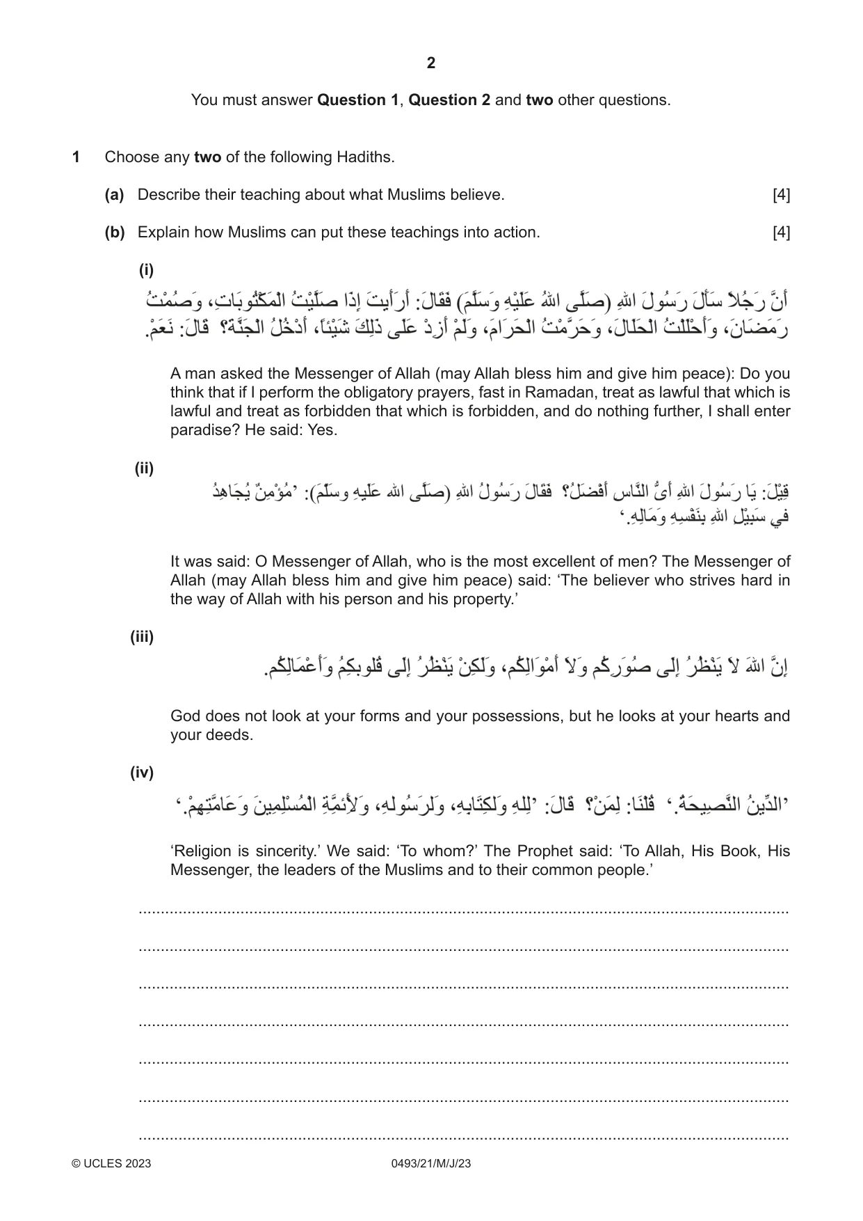 Cambridge IGCSE Islamiyat 0493 2023 May/June Paper 2 · Variant 1 question paper, page 2 of 16